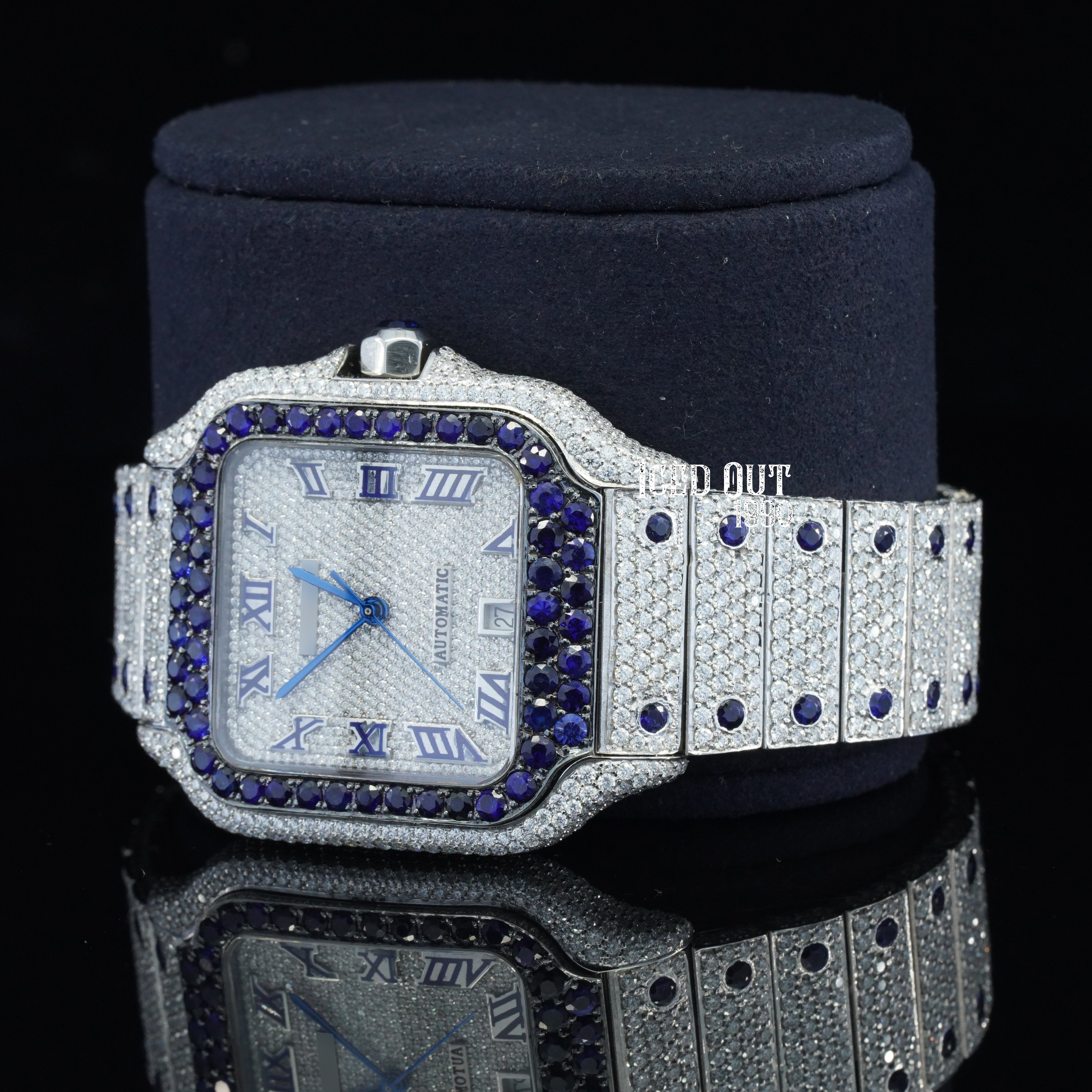 Blue Bezel Color Moissanite Diamond Totally Iced Out Automatic Watch For Men