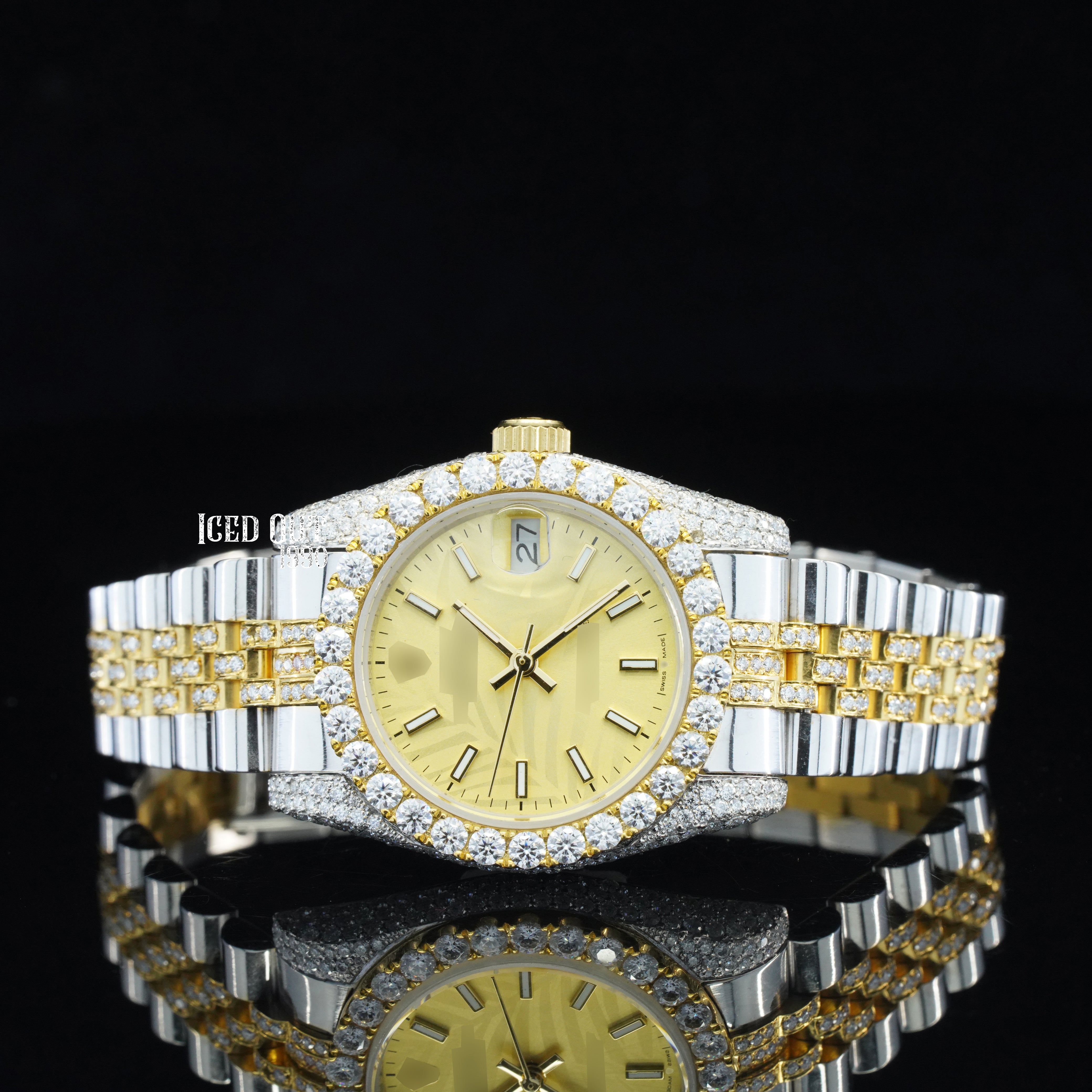 Elegant Royal Look Moissanite Diamond Totally Iced Out Automatic Two Tone Watch For Women