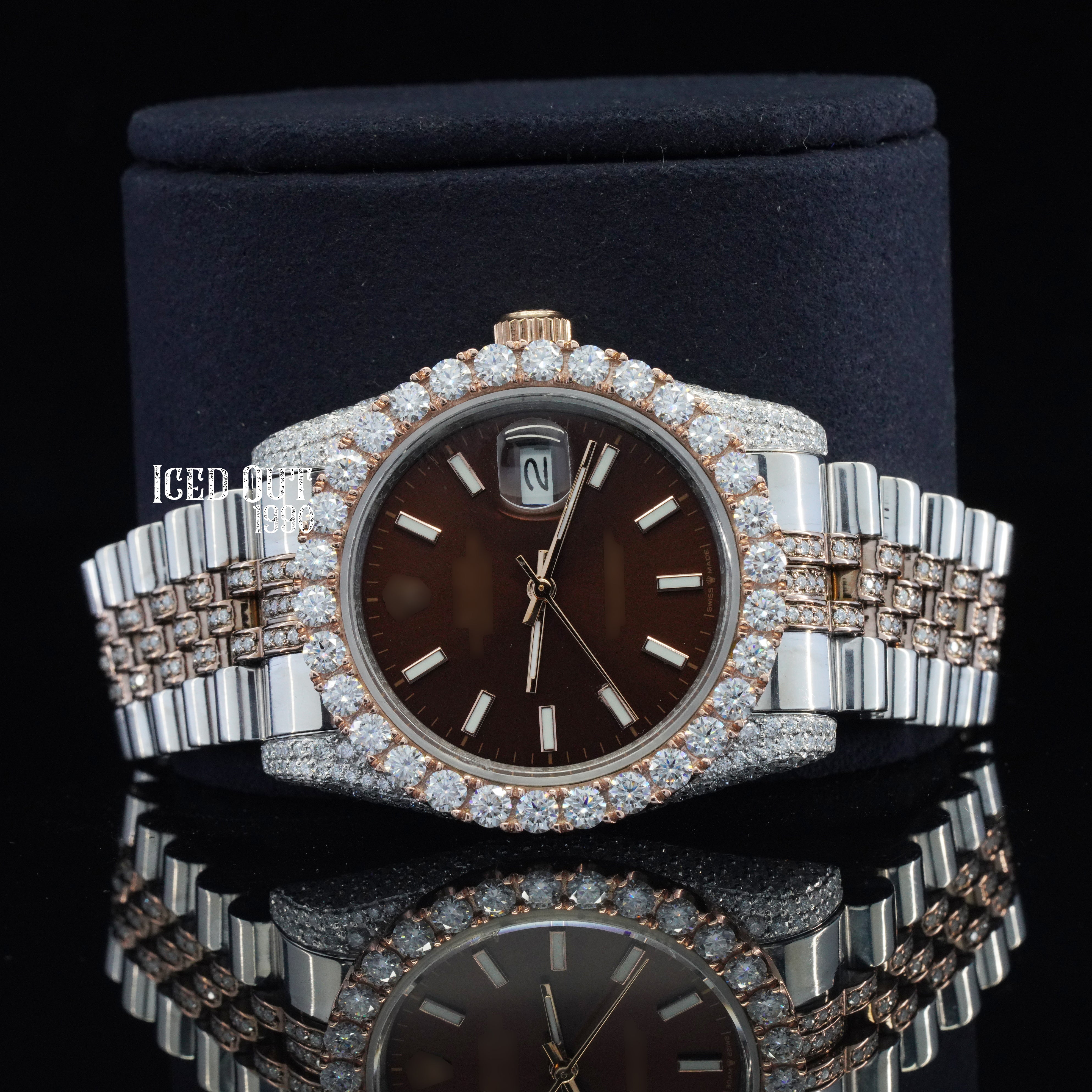 Luxurious Brown Dial Moissanite Diamond Iced Out Automatic Two Tone Watch For Women