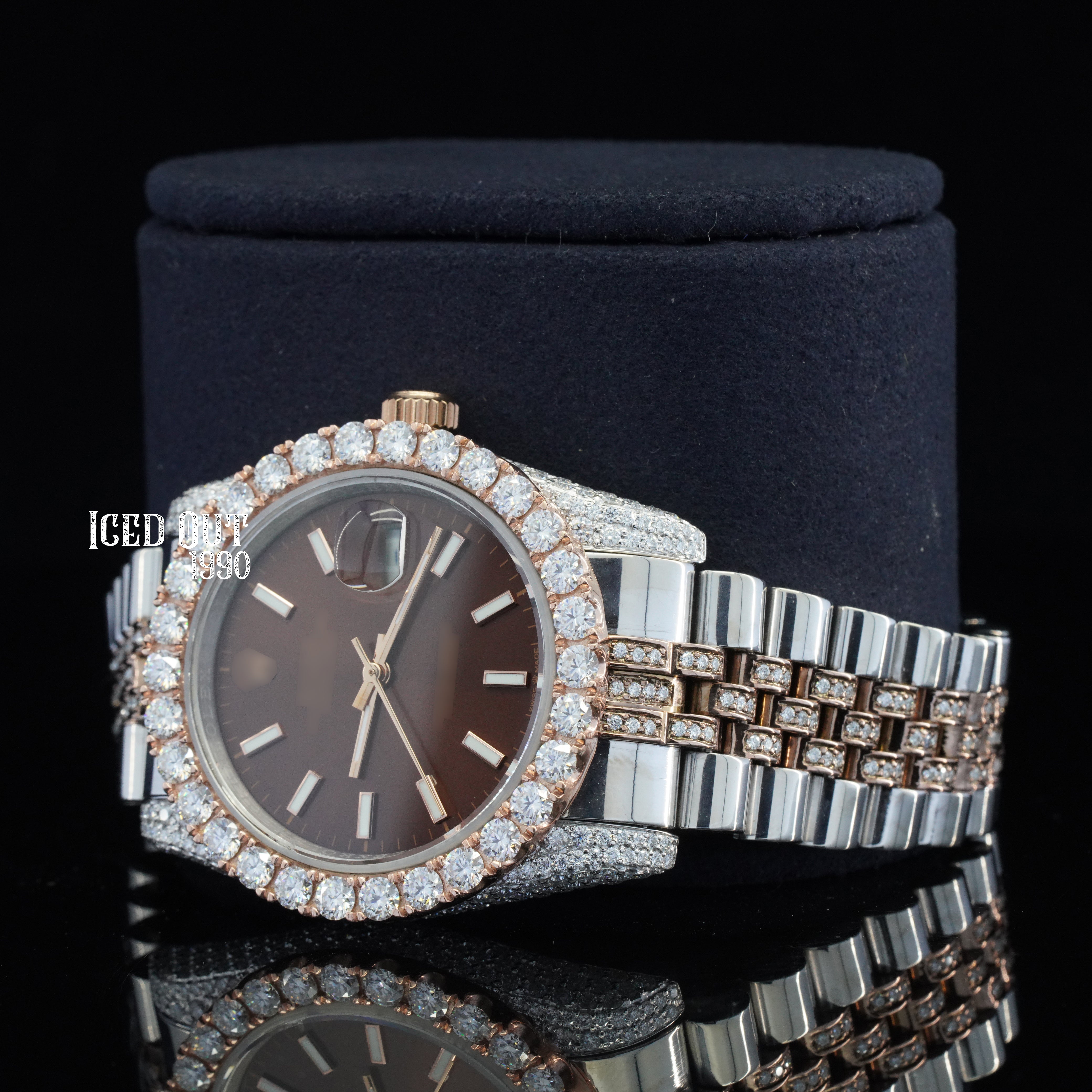 Luxurious Brown Dial Moissanite Diamond Iced Out Automatic Two Tone Watch For Women