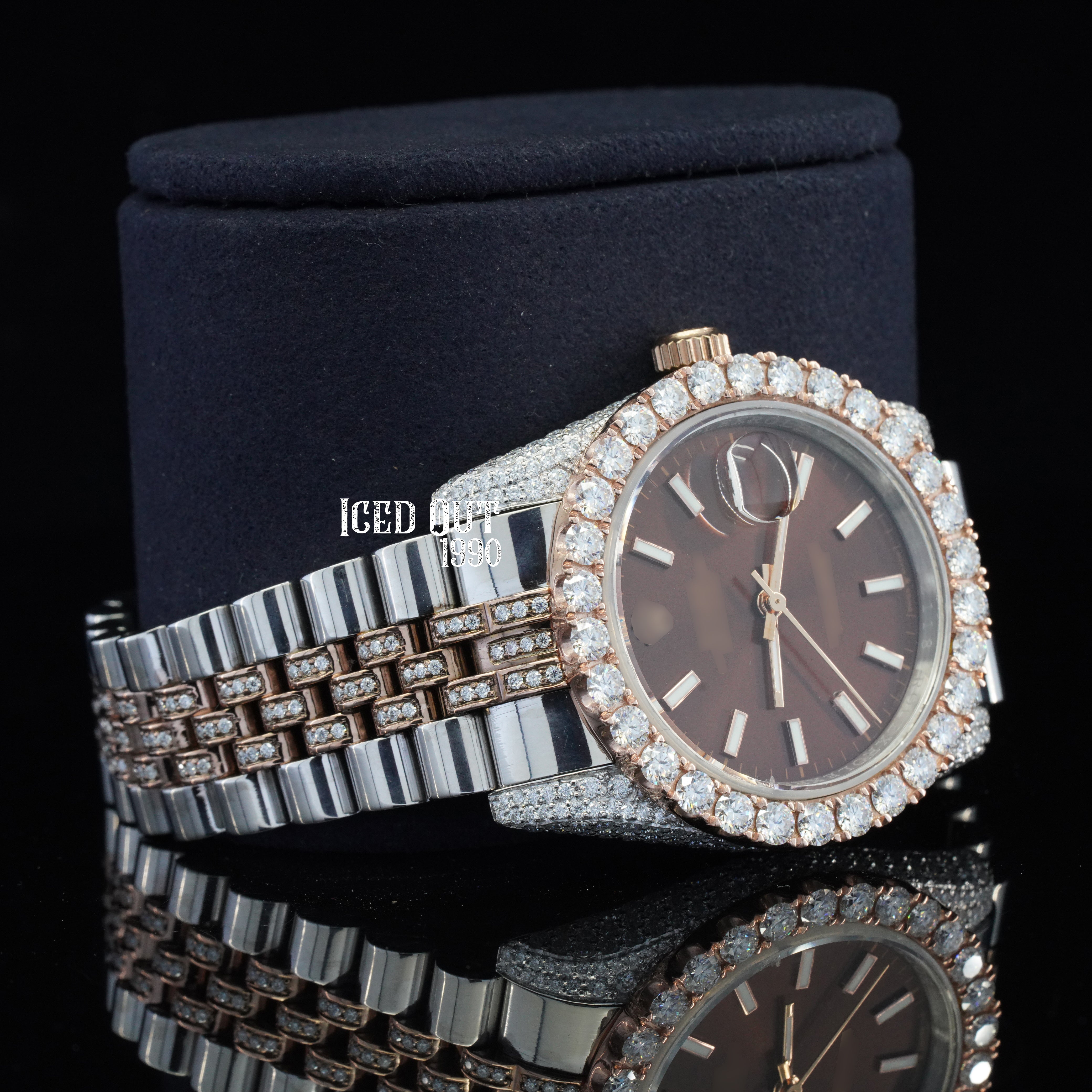 Luxurious Brown Dial Moissanite Diamond Iced Out Automatic Two Tone Watch For Women