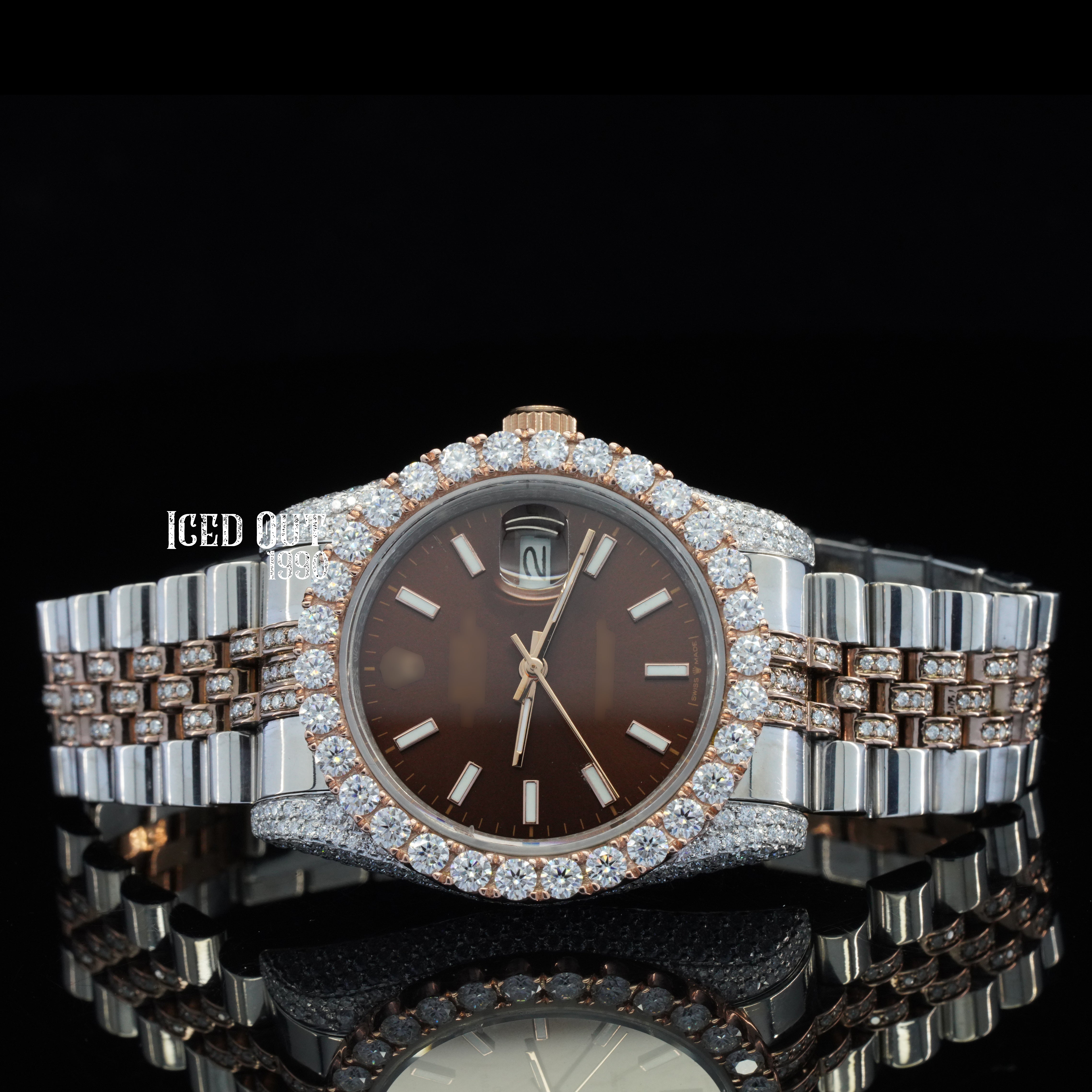 Luxurious Brown Dial Moissanite Diamond Iced Out Automatic Two Tone Watch For Women