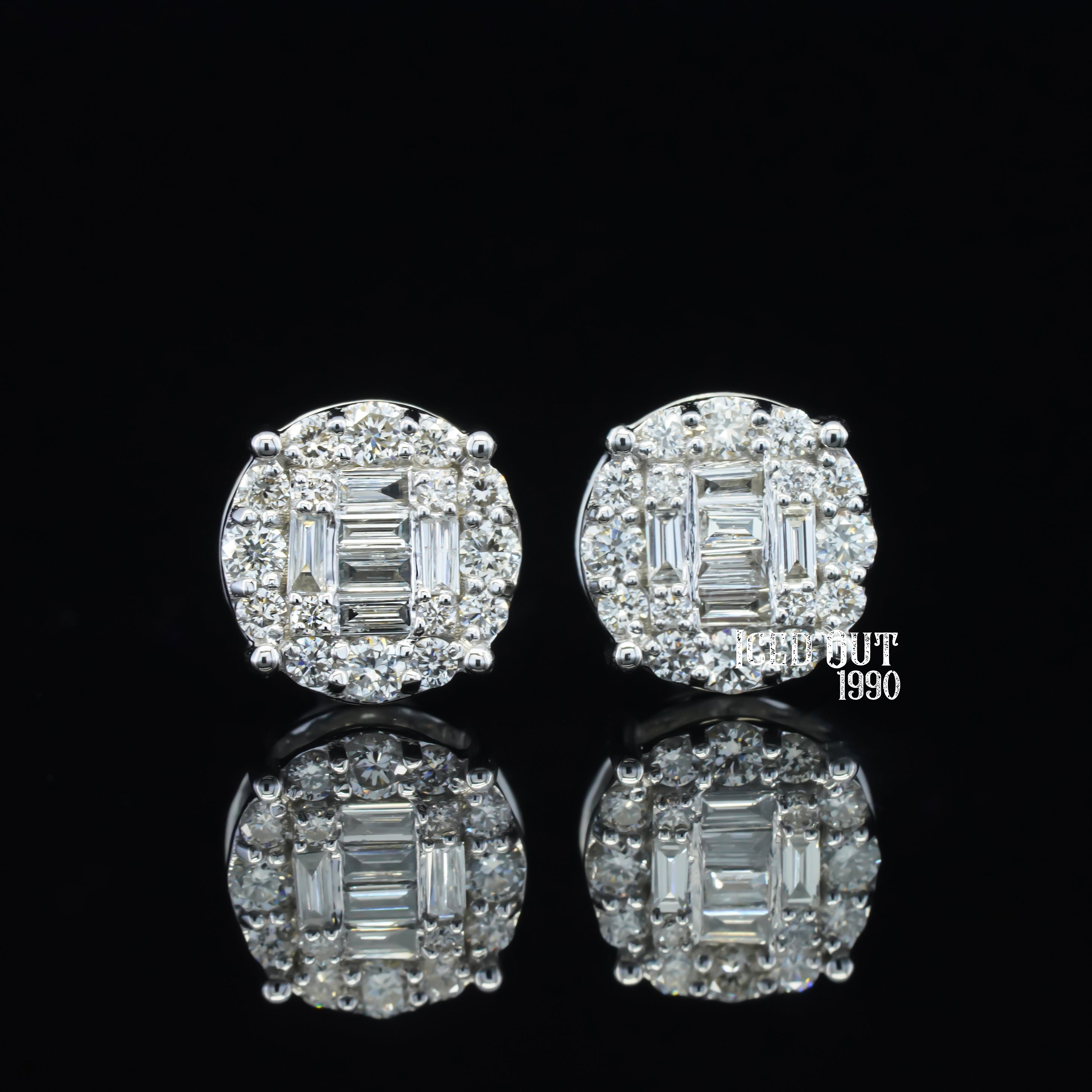 0.7 Carat Round & Baguette Cut Moissanite Diamond Hip Hop Style Two Tone Earrings For Men