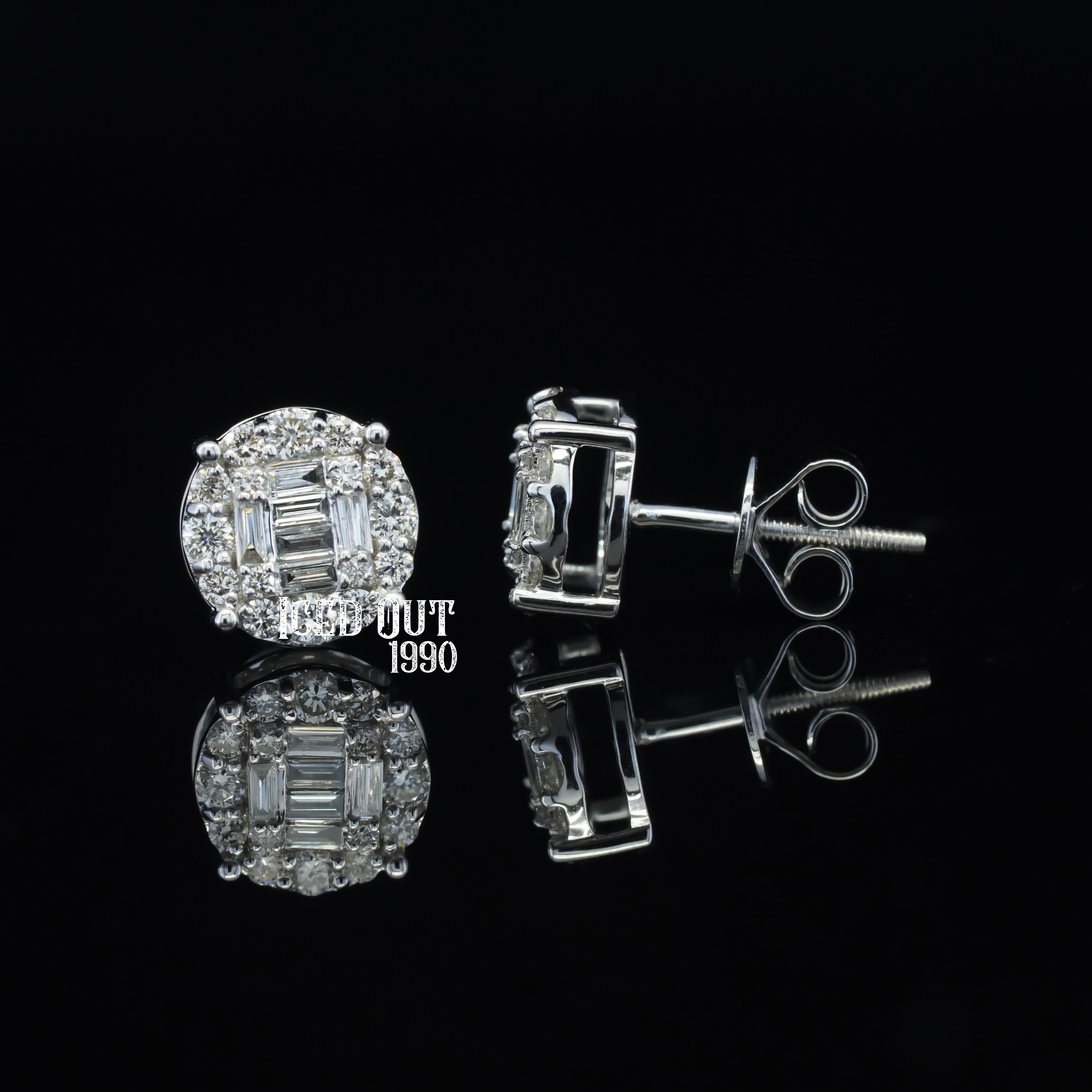 0.7 Carat Round & Baguette Cut Moissanite Diamond Hip Hop Style Two Tone Earrings For Men