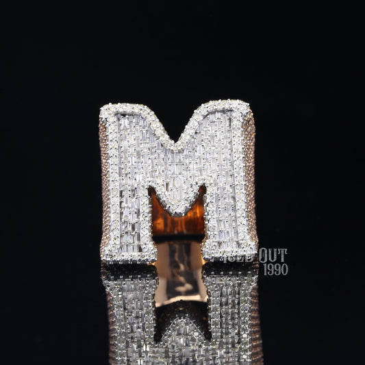 Round Cut And Baguette Cut Moissanite Initial "M" Letter Ring