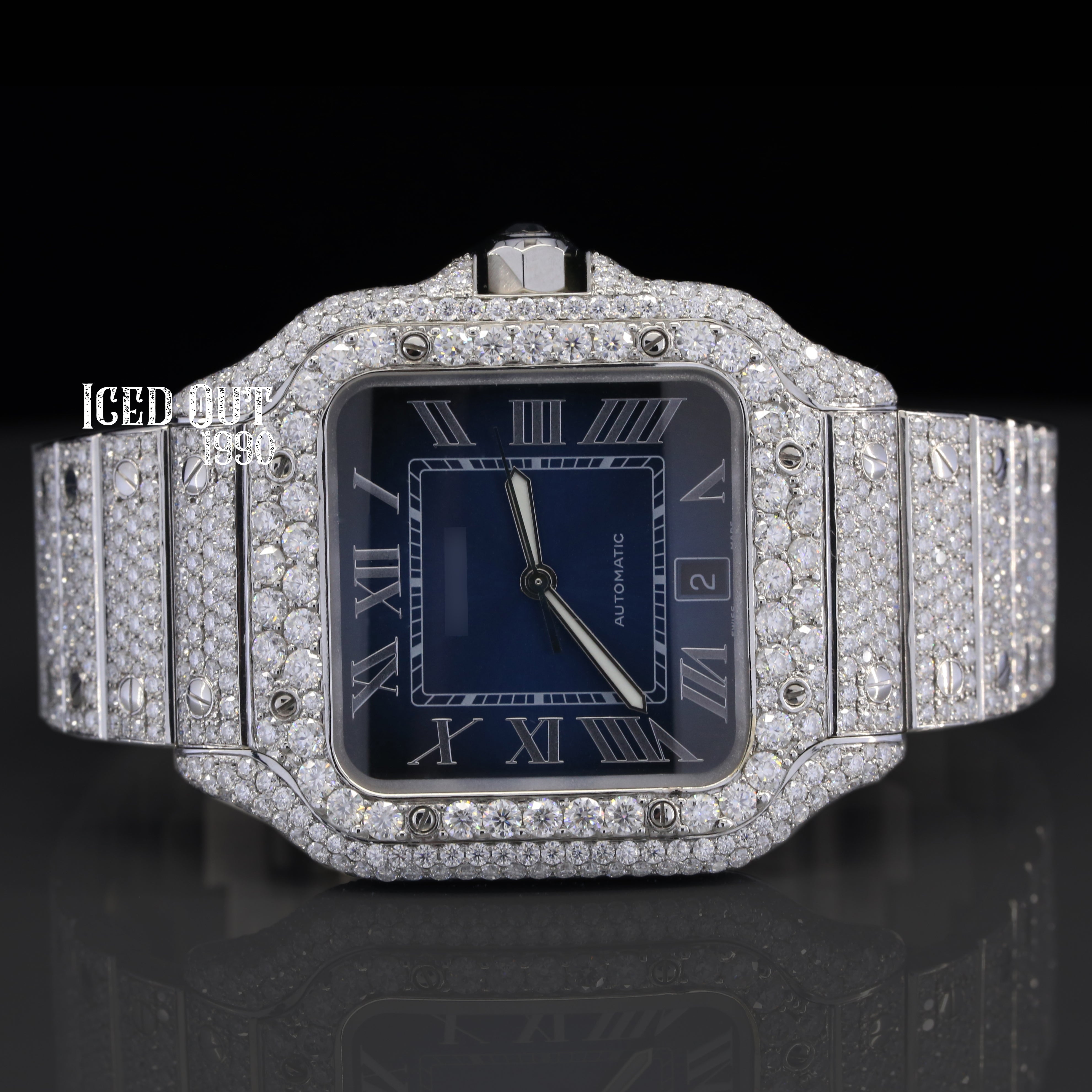 Automatic Moissanite Diamond Watch Sapphire Crystal Glass Blue Dial Totally Iced Out Watch For Men