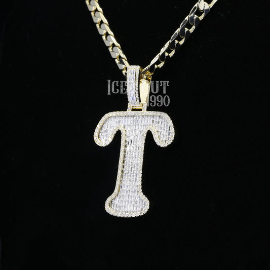 3.90 Carat T Initial Round And Baguette Cut Moissanite Diamond Totally Iced Out Stylish Hip Hop Pendant