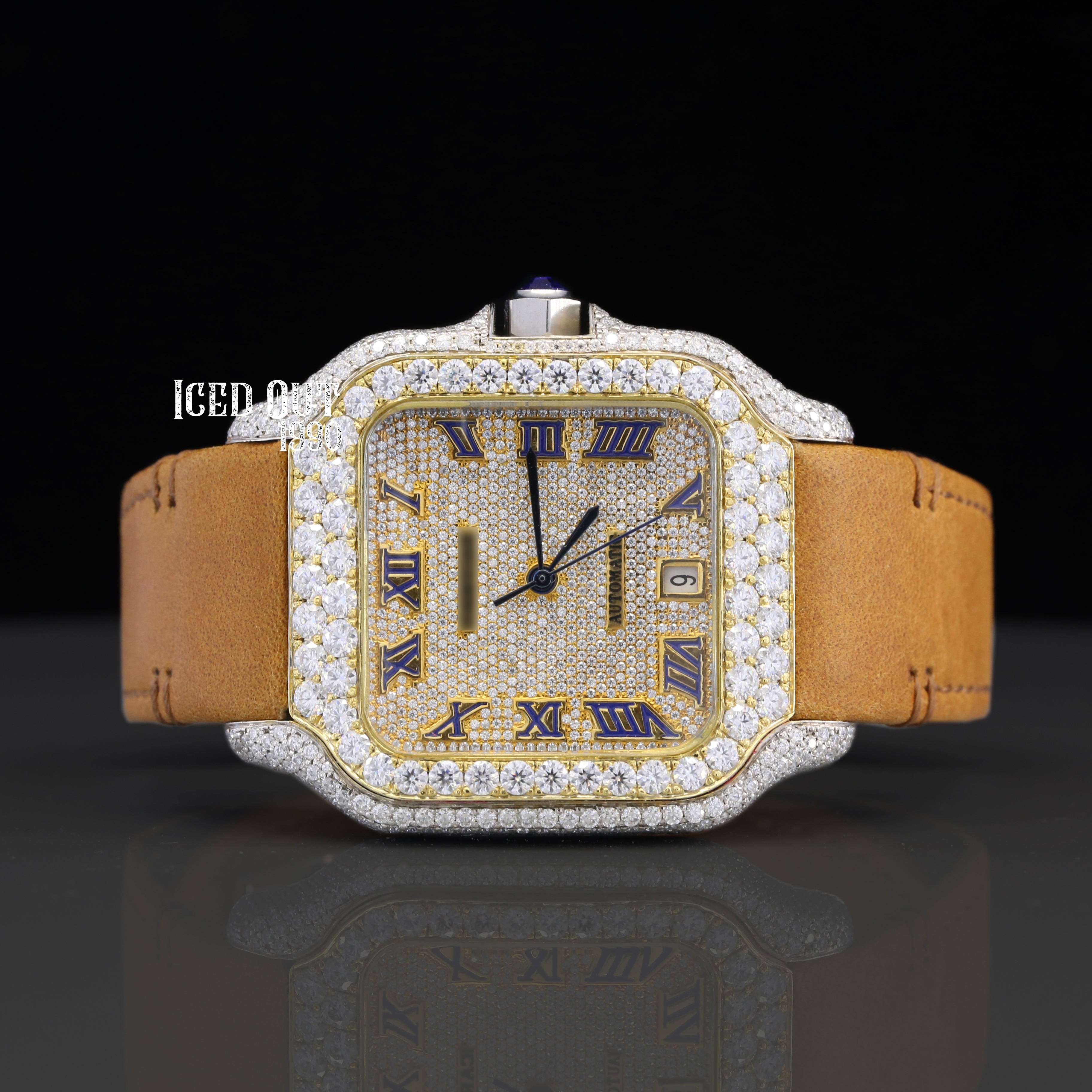 Aesthetic Brown Color Leather Belt Iced Out Moissanite Diamond Watch For Men