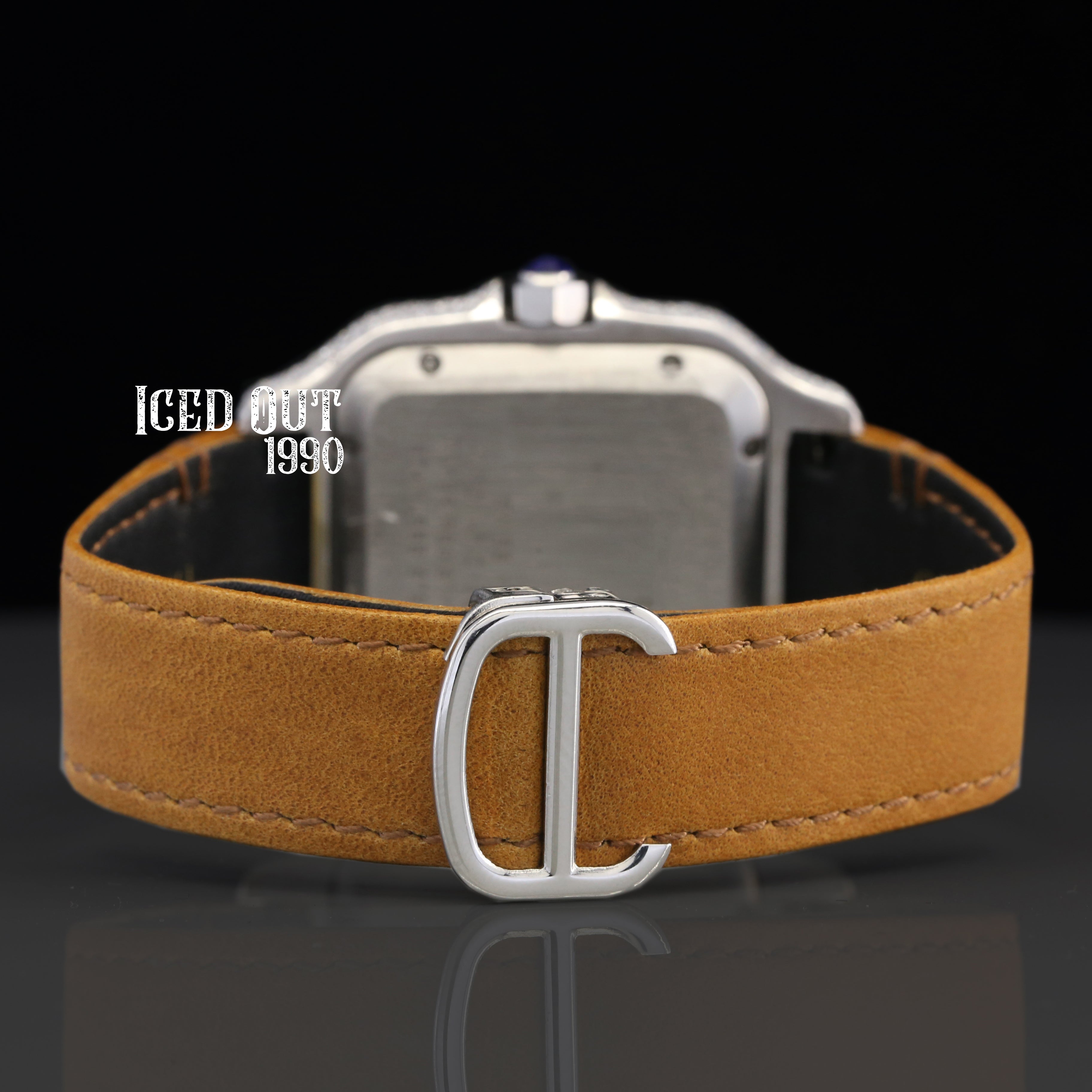 Aesthetic Brown Color Leather Belt Iced Out Moissanite Diamond Watch For Men