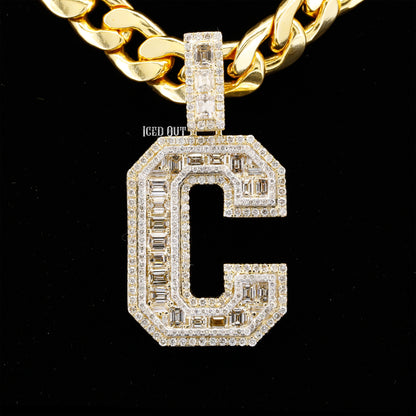 C Initial Moissanite Round & Baguette Shape Diamond Totally Iced Out Hip Hop Style Fancy Pendant