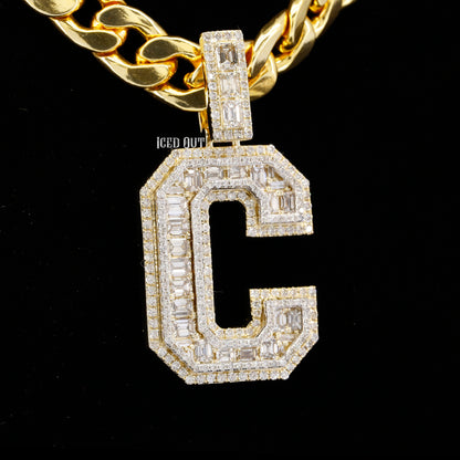 C Initial Moissanite Round & Baguette Shape Diamond Totally Iced Out Hip Hop Style Fancy Pendant