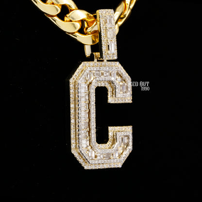 C Initial Moissanite Round & Baguette Shape Diamond Totally Iced Out Hip Hop Style Fancy Pendant