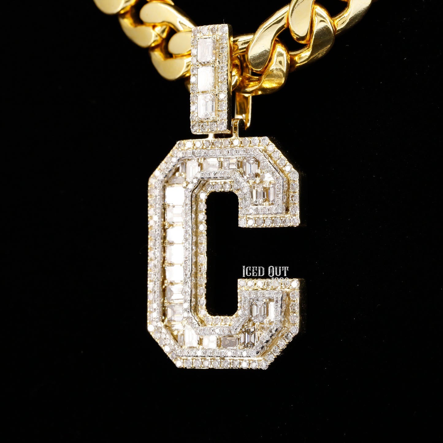 C Initial Moissanite Round & Baguette Shape Diamond Totally Iced Out Hip Hop Style Fancy Pendant