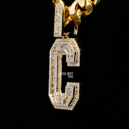 C Initial Moissanite Round & Baguette Shape Diamond Totally Iced Out Hip Hop Style Fancy Pendant