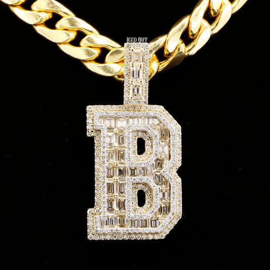 B Initial Moissanite Round & Baguette Diamond Totally Bust Down Hip Hop Style Fancy Pendant