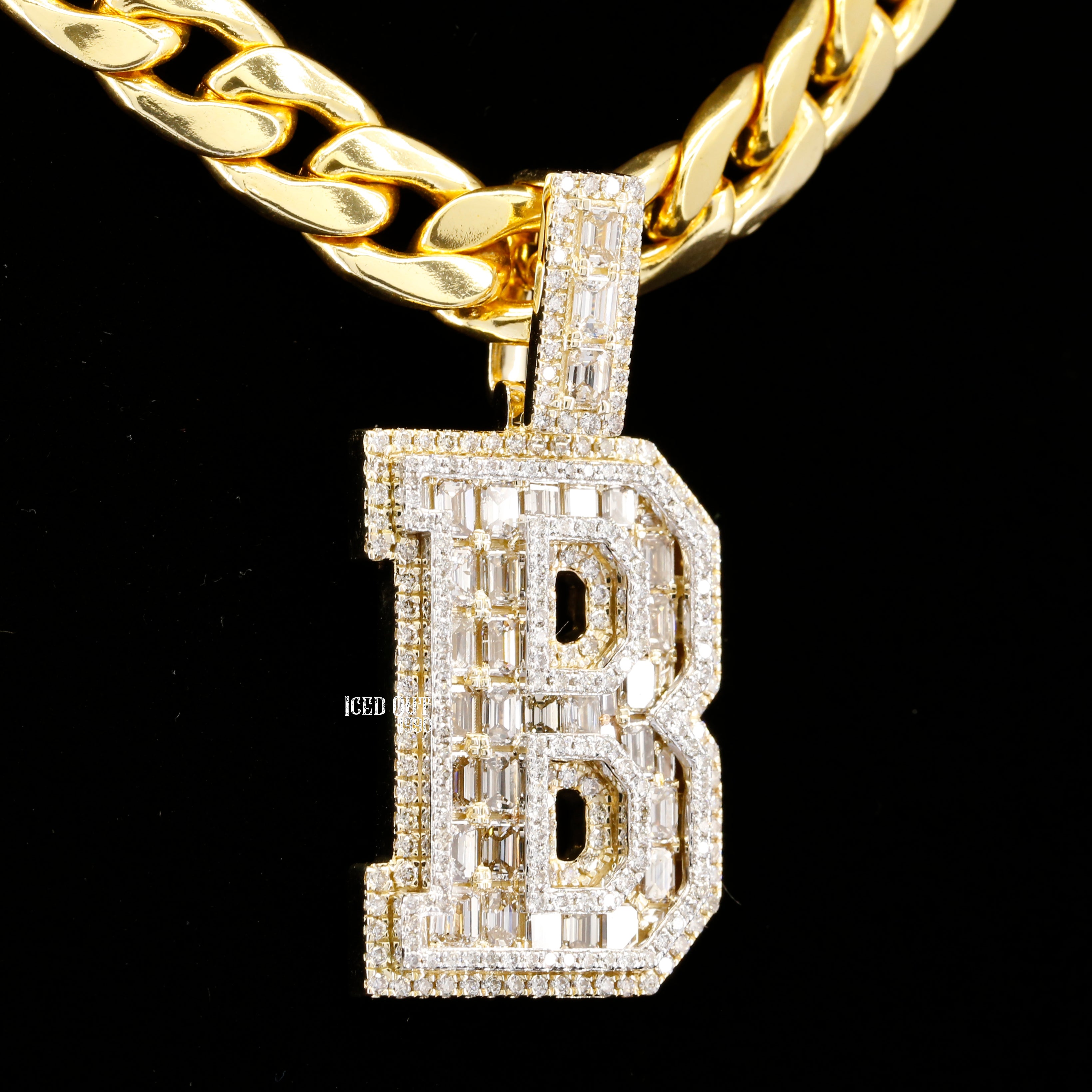 B Initial Moissanite Round & Baguette Diamond Totally Bust Down Hip Hop Style Fancy Pendant