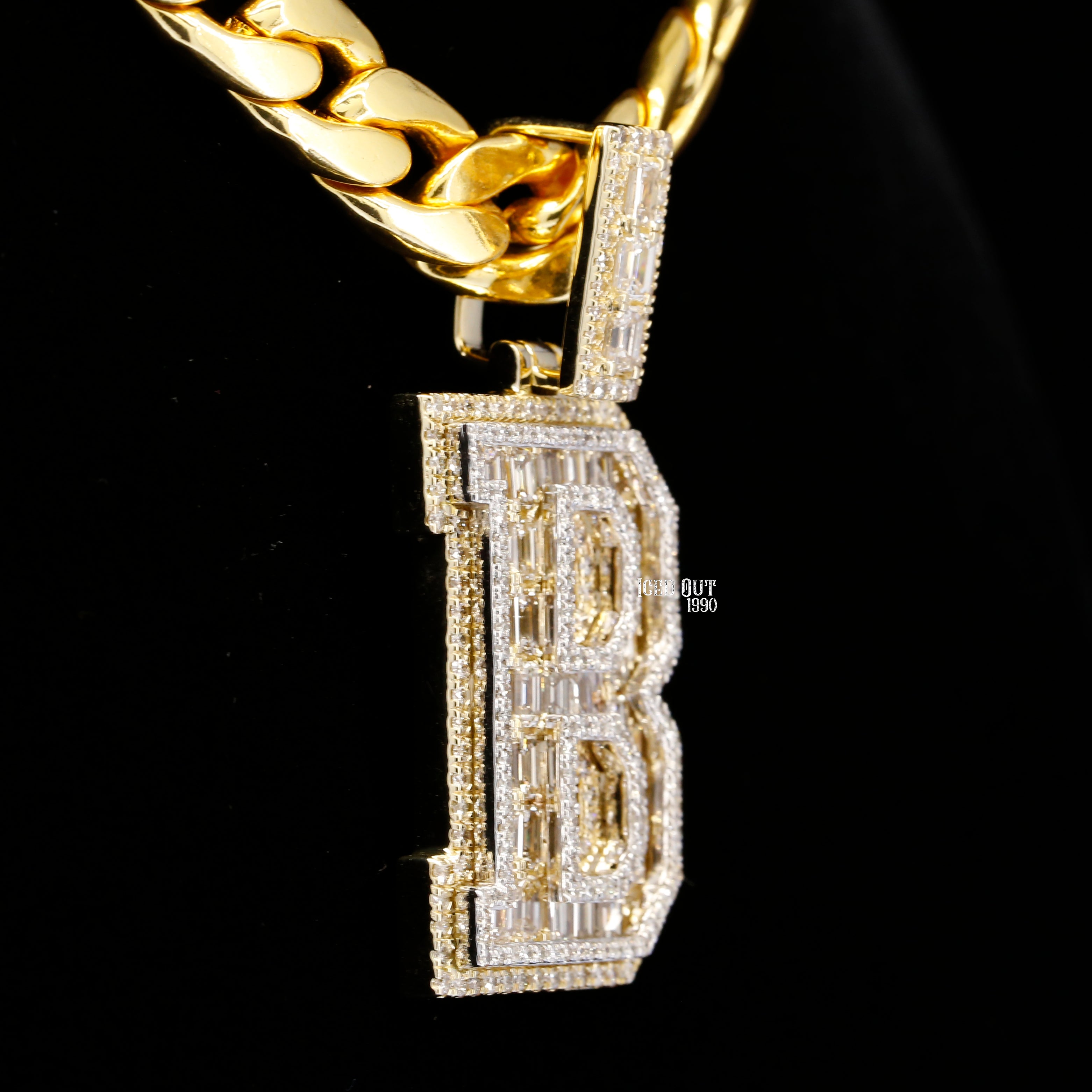 B Initial Moissanite Round & Baguette Diamond Totally Bust Down Hip Hop Style Fancy Pendant