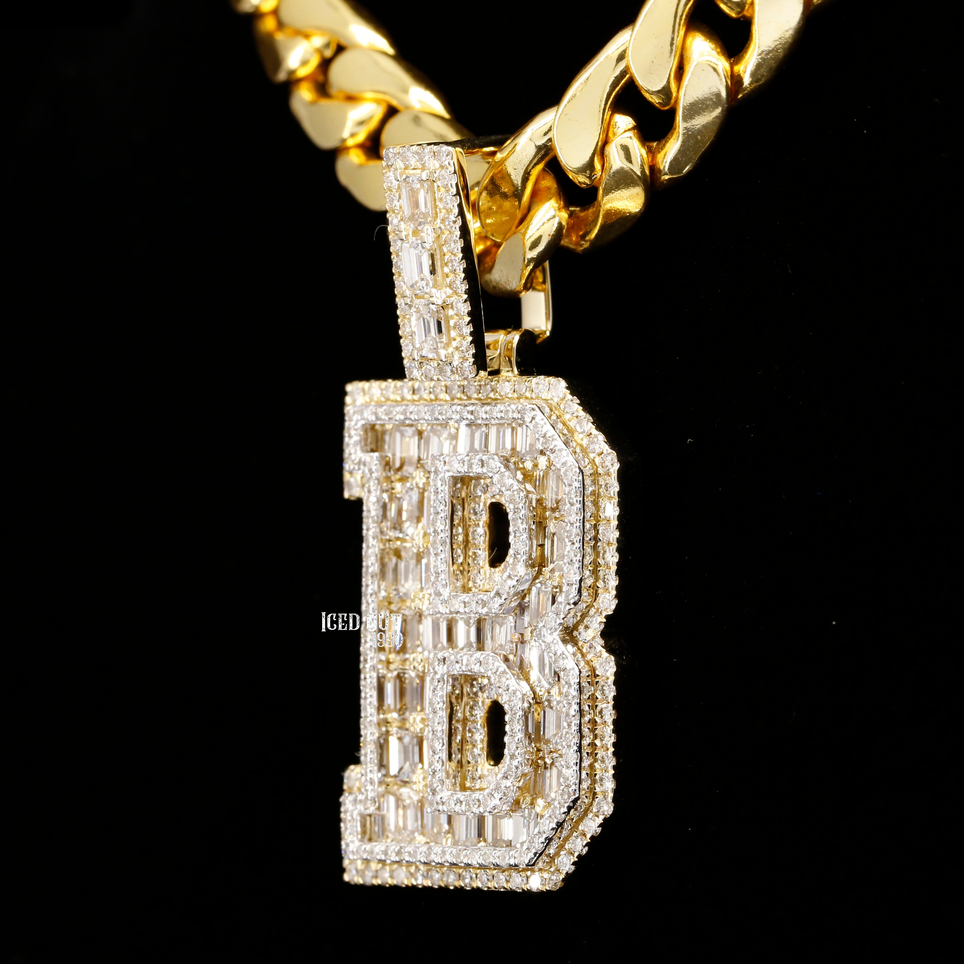 B Initial Moissanite Round & Baguette Diamond Totally Bust Down Hip Hop Style Fancy Pendant