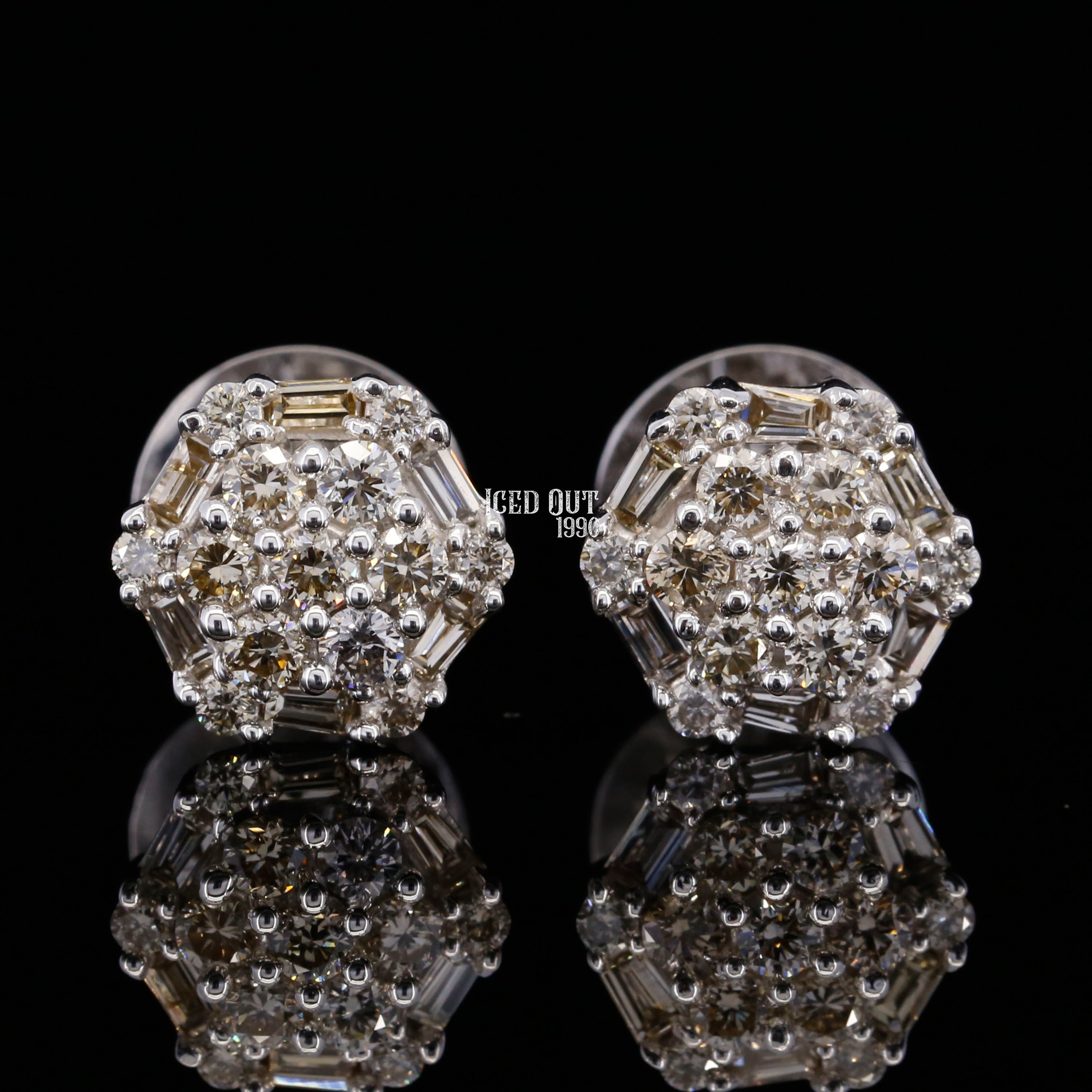 1.4 Carat Round & Baguette Cut Moissanite Hip Hop Style Two Tone Cluster Earrings For Men