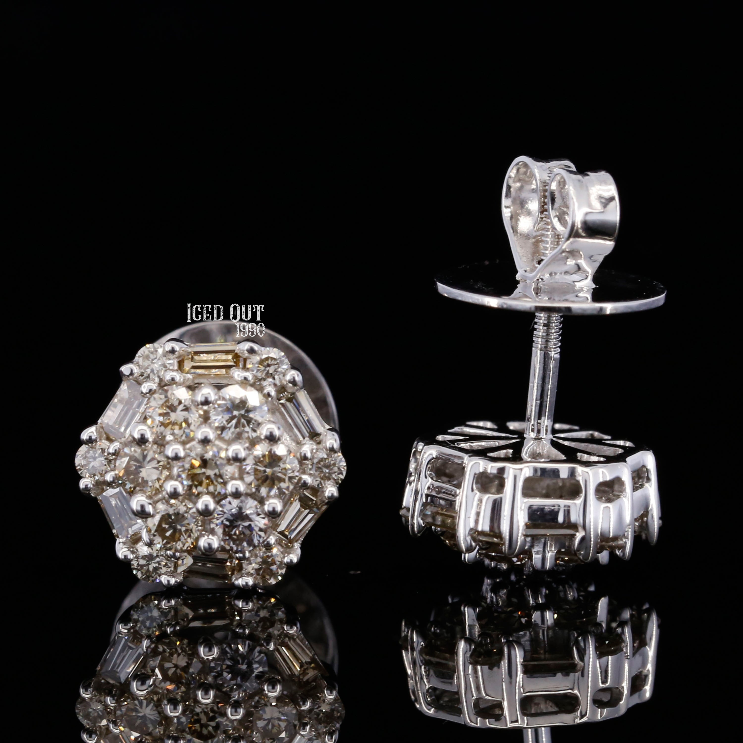 1.4 Carat Round & Baguette Cut Moissanite Hip Hop Style Two Tone Cluster Earrings For Men