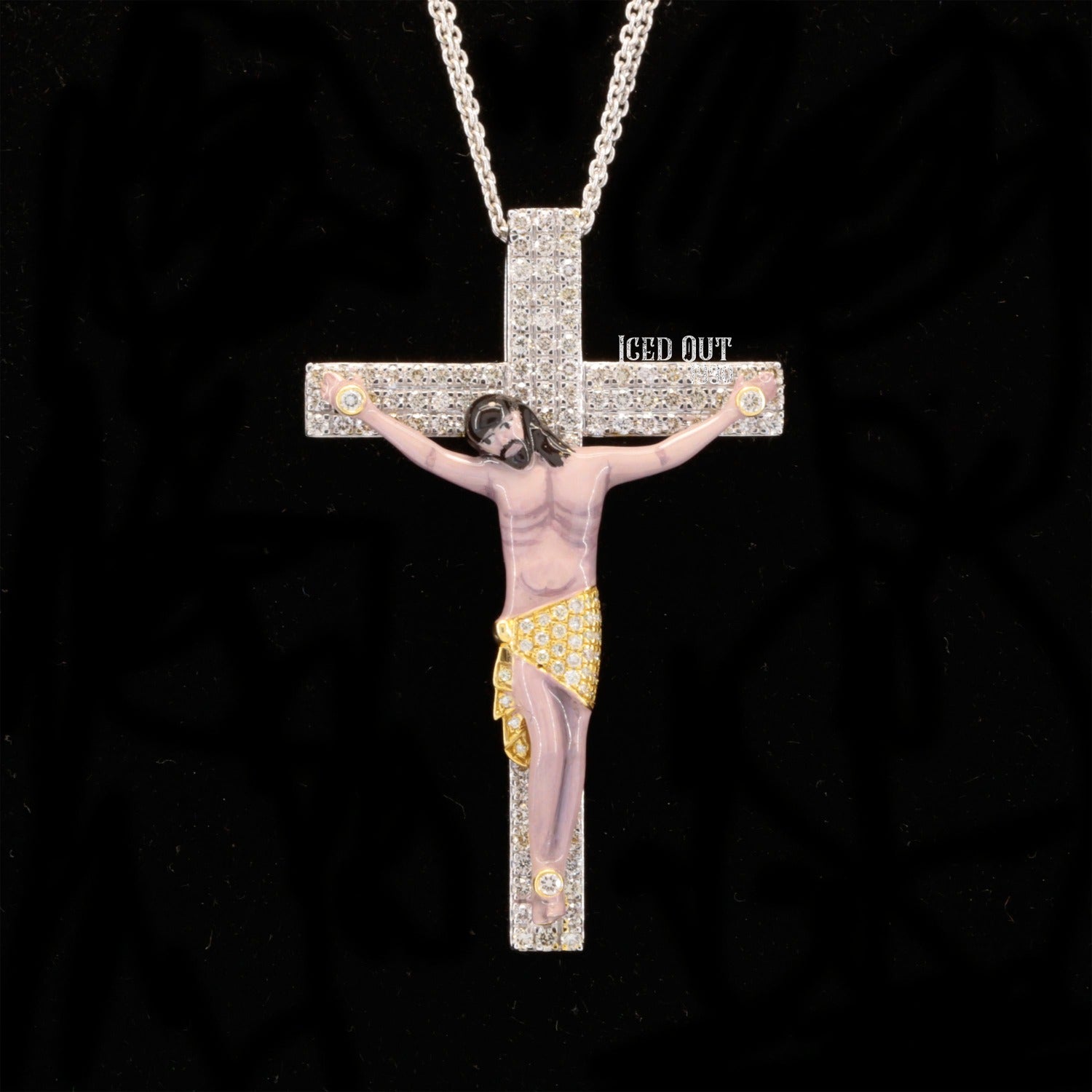 Round Cut Moissanite Jesus Cross Pendant 3D ENAMEL