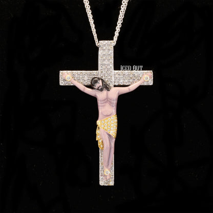 Round Cut Moissanite Jesus Cross Pendant 3D ENAMEL