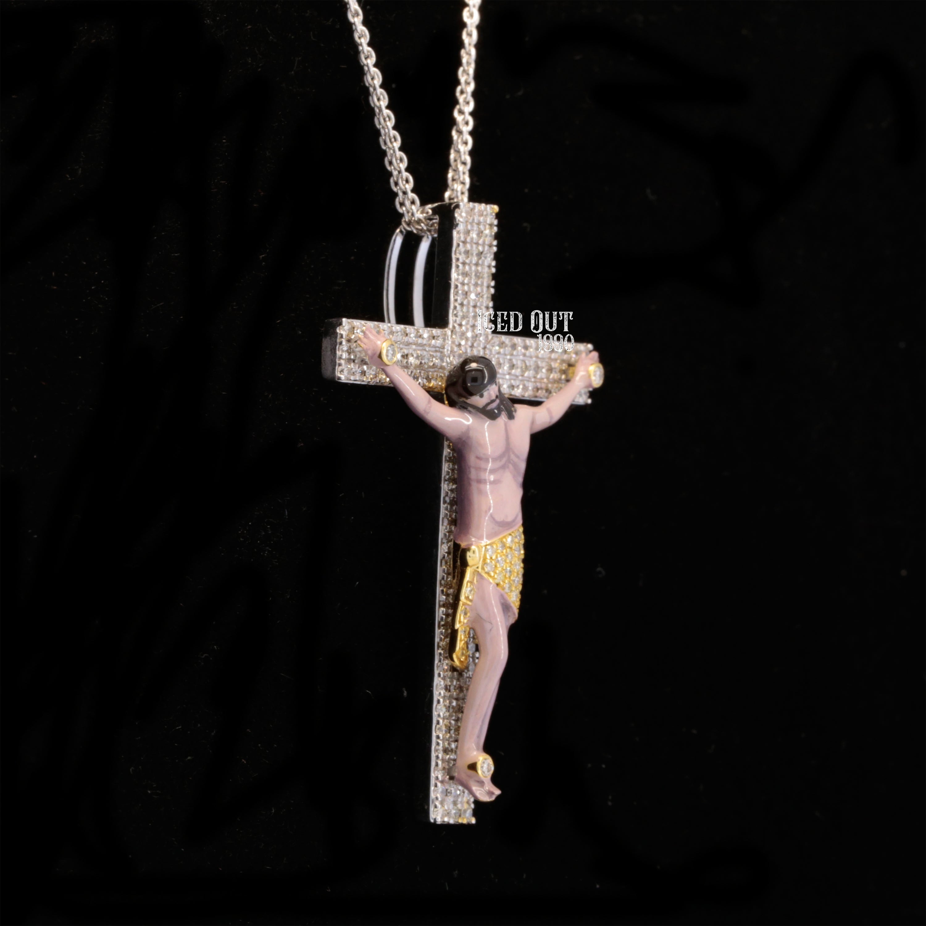 Round Cut Moissanite Jesus Cross Pendant 3D ENAMEL