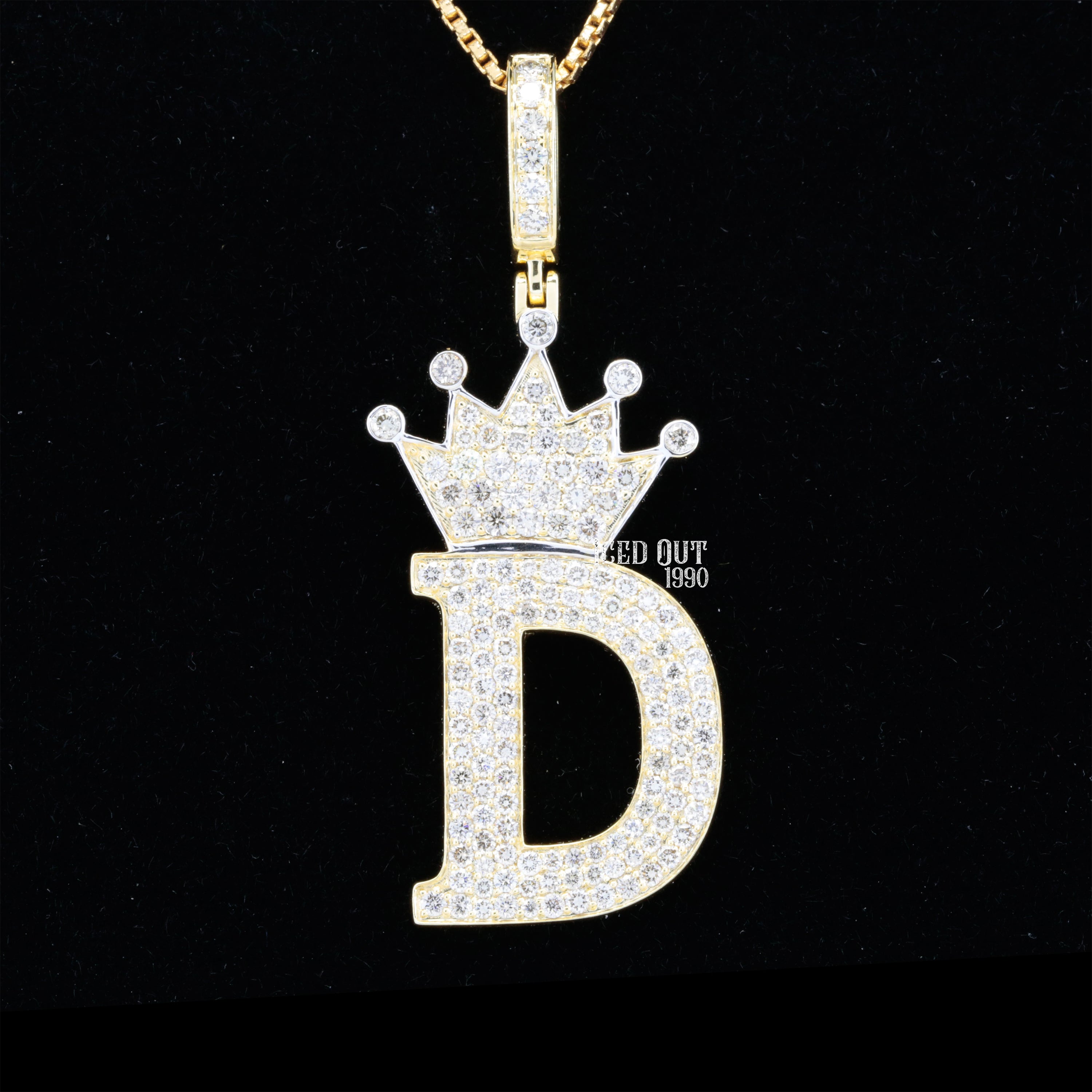 D Initial Moissanite Diamond Totally Bust Down Crown Logo in White Stone Hip Hop Style Fancy Pendant