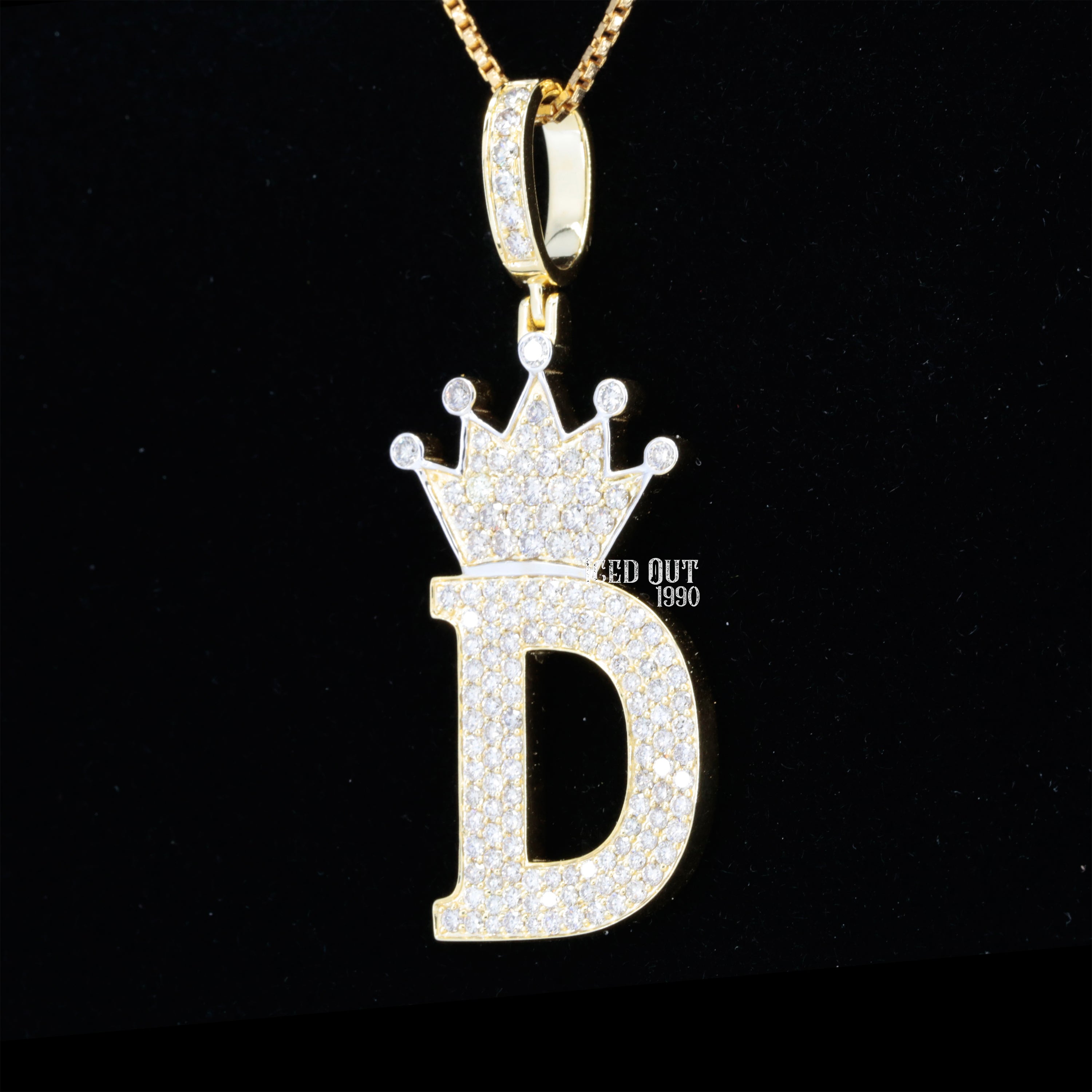 D Initial Moissanite Diamond Totally Bust Down Crown Logo in White Stone Hip Hop Style Fancy Pendant