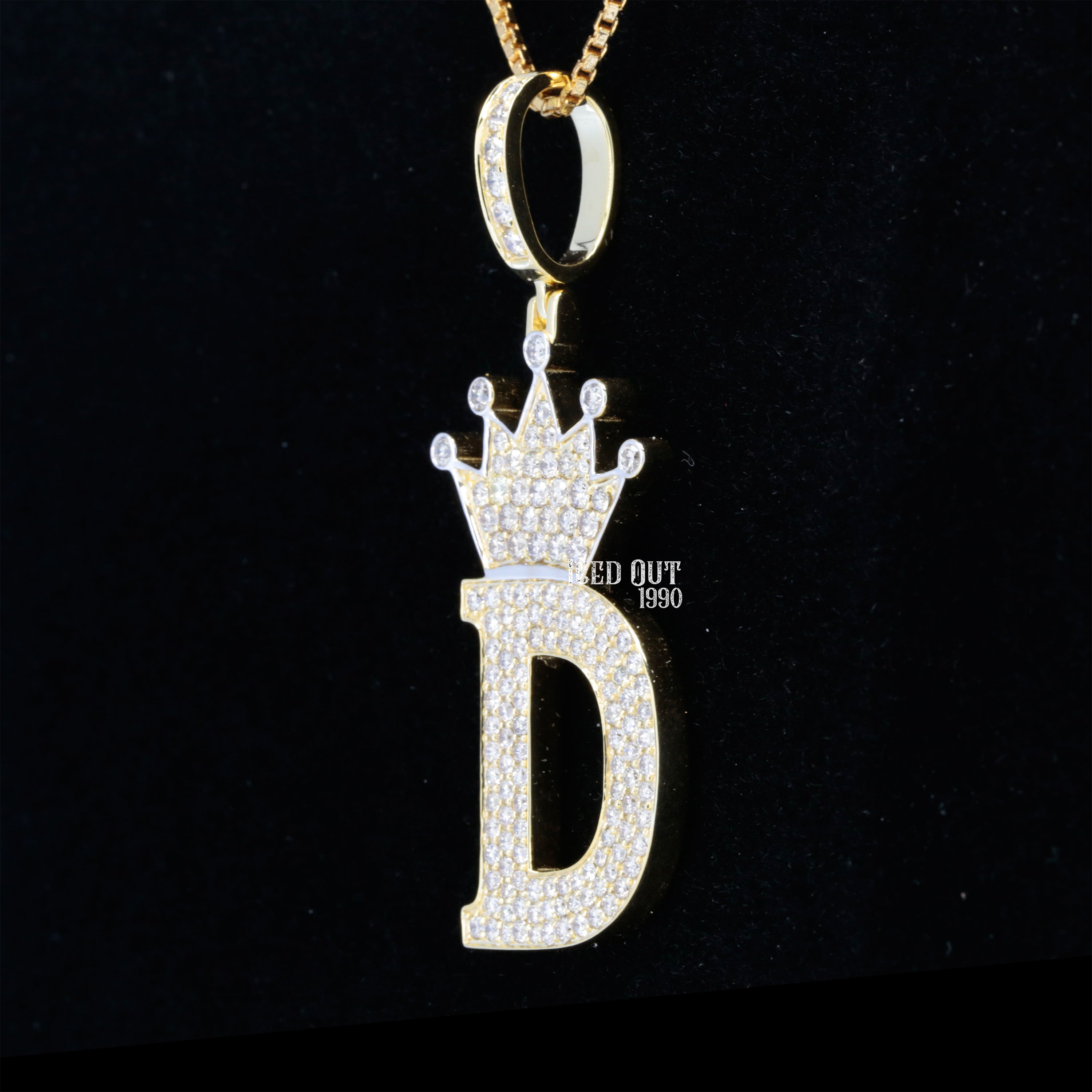 D Initial Moissanite Diamond Totally Bust Down Crown Logo in White Stone Hip Hop Style Fancy Pendant