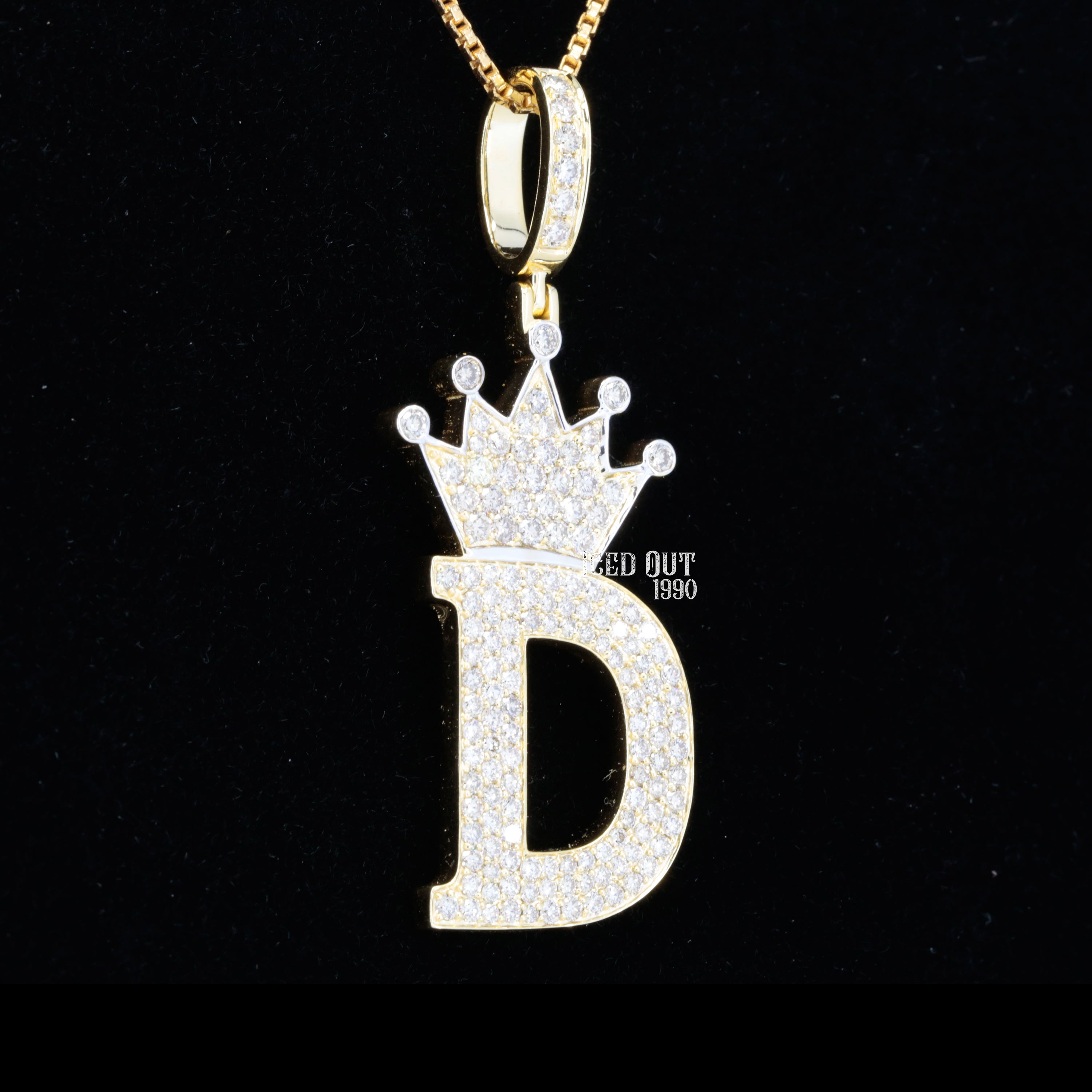 D Initial Moissanite Diamond Totally Bust Down Crown Logo in White Stone Hip Hop Style Fancy Pendant