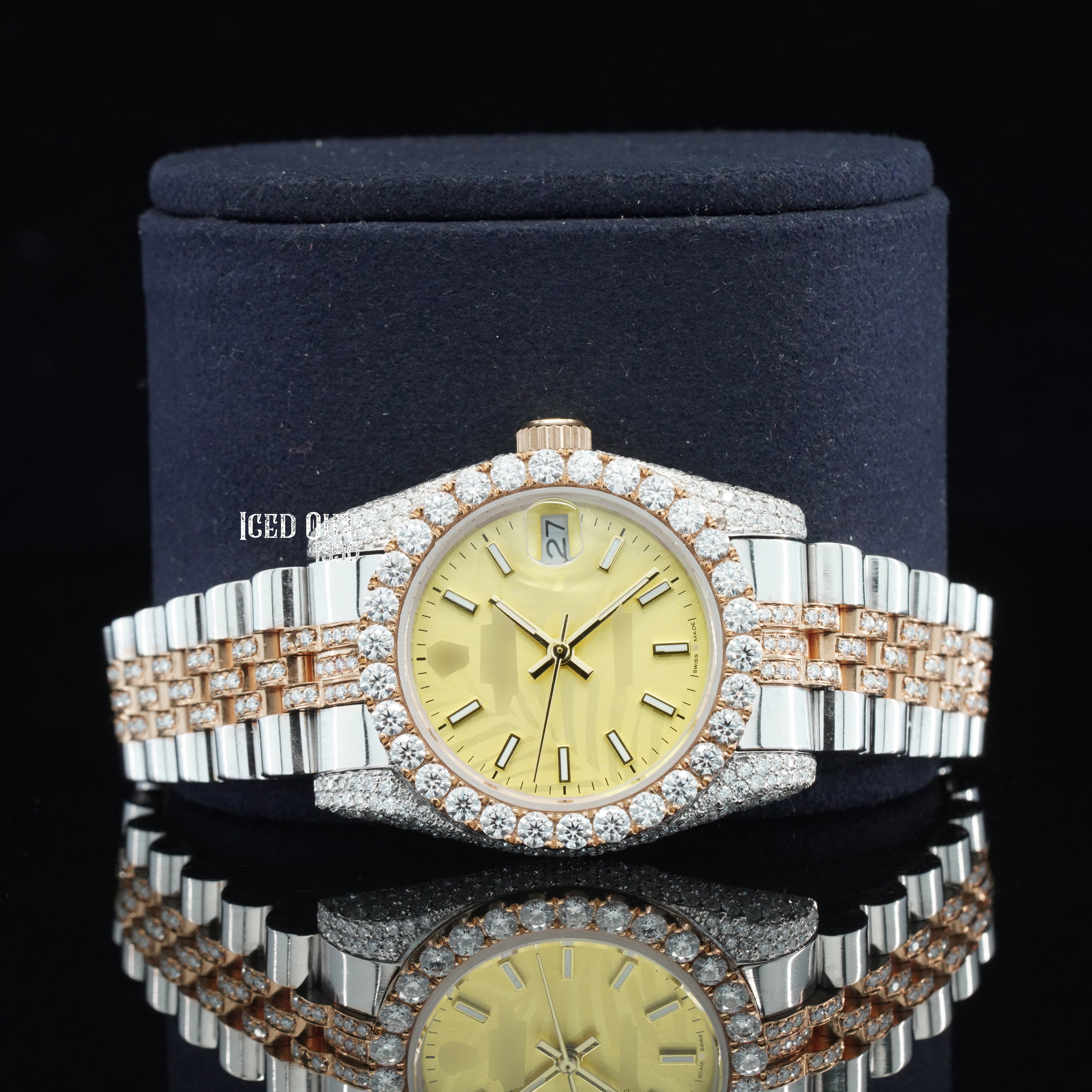 Elegant Royal Look Moissanite Diamond Totally Iced Out Automatic Two Tone Watch For Women