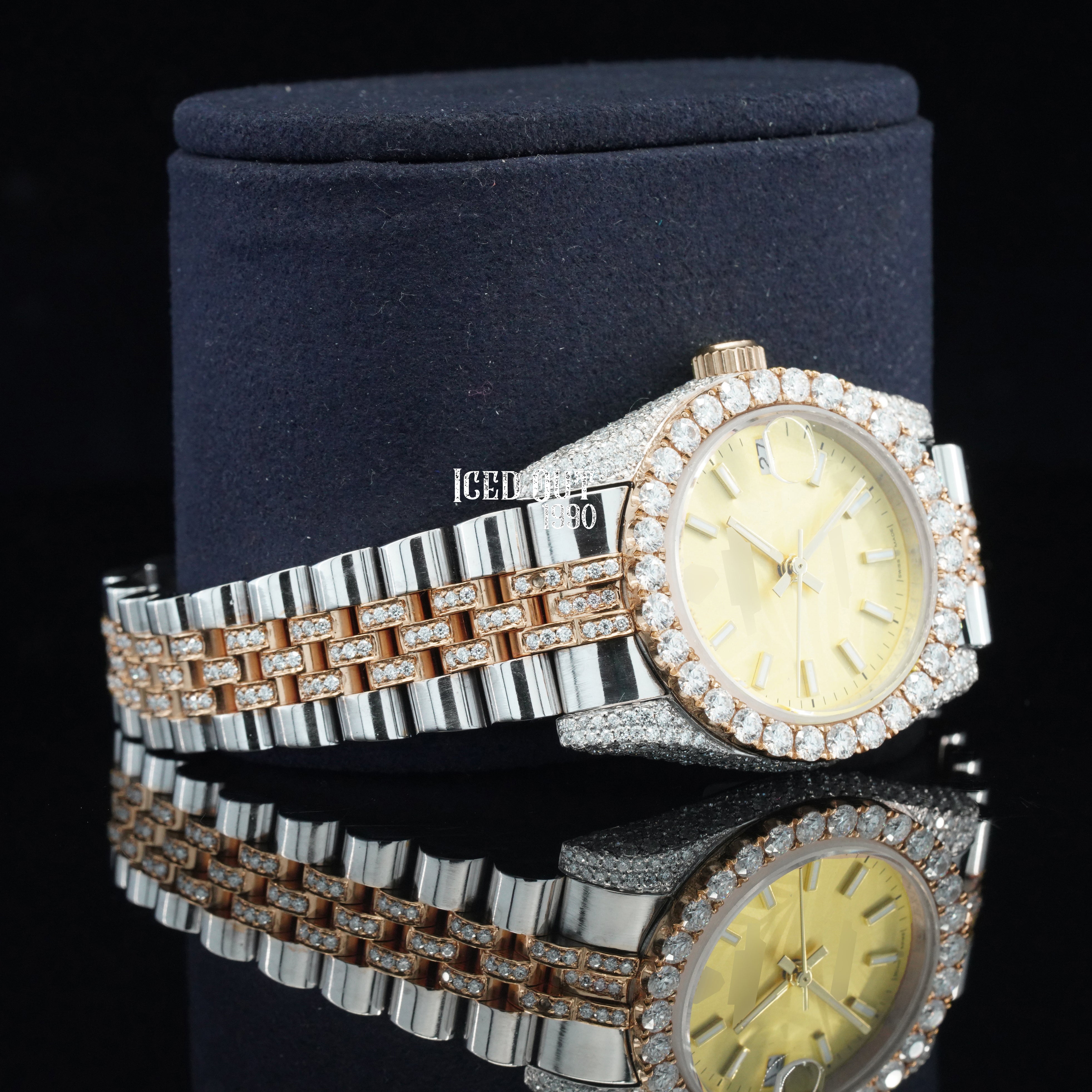 Elegant Royal Look Moissanite Diamond Totally Iced Out Automatic Two Tone Watch For Women