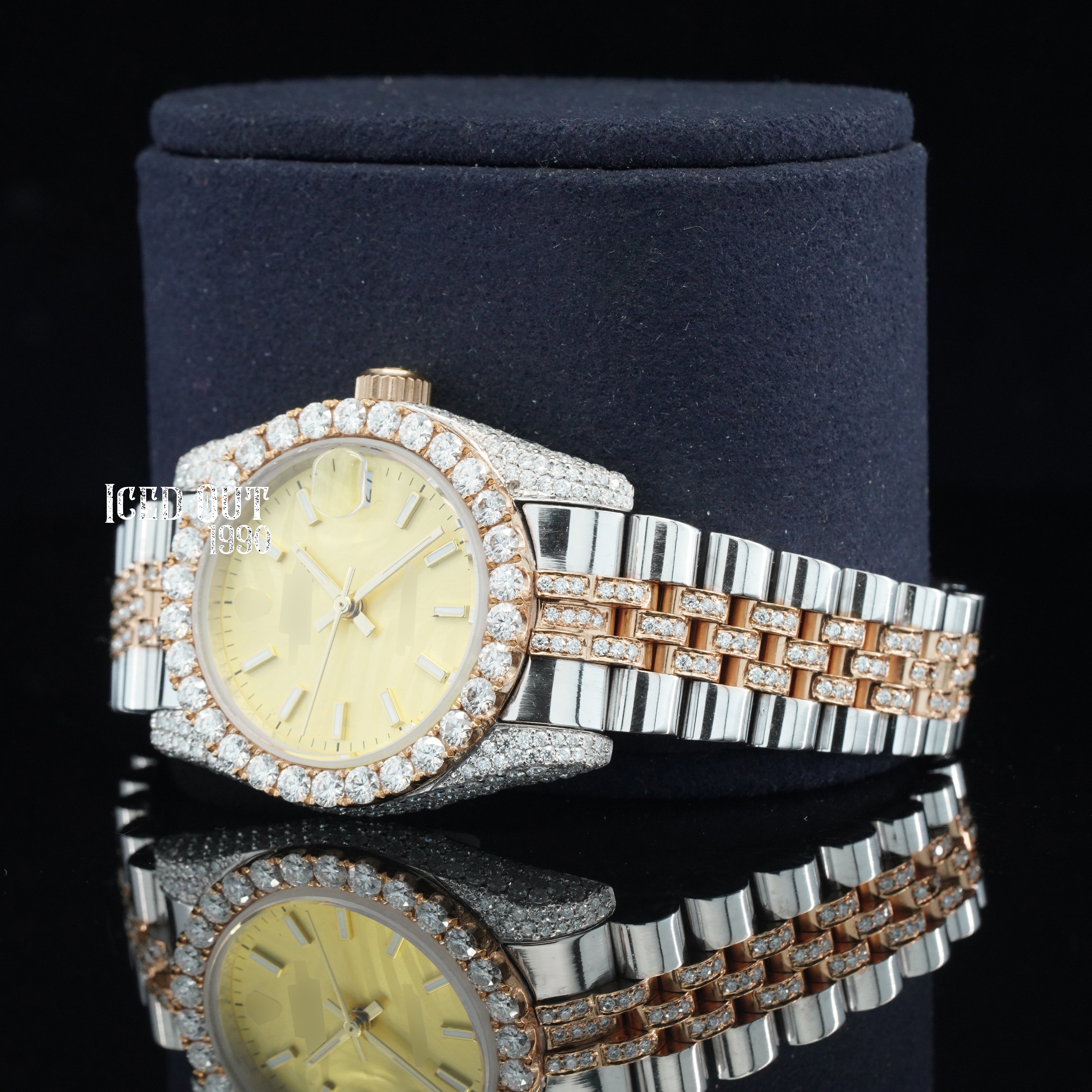 Elegant Royal Look Moissanite Diamond Totally Iced Out Automatic Two Tone Watch For Women