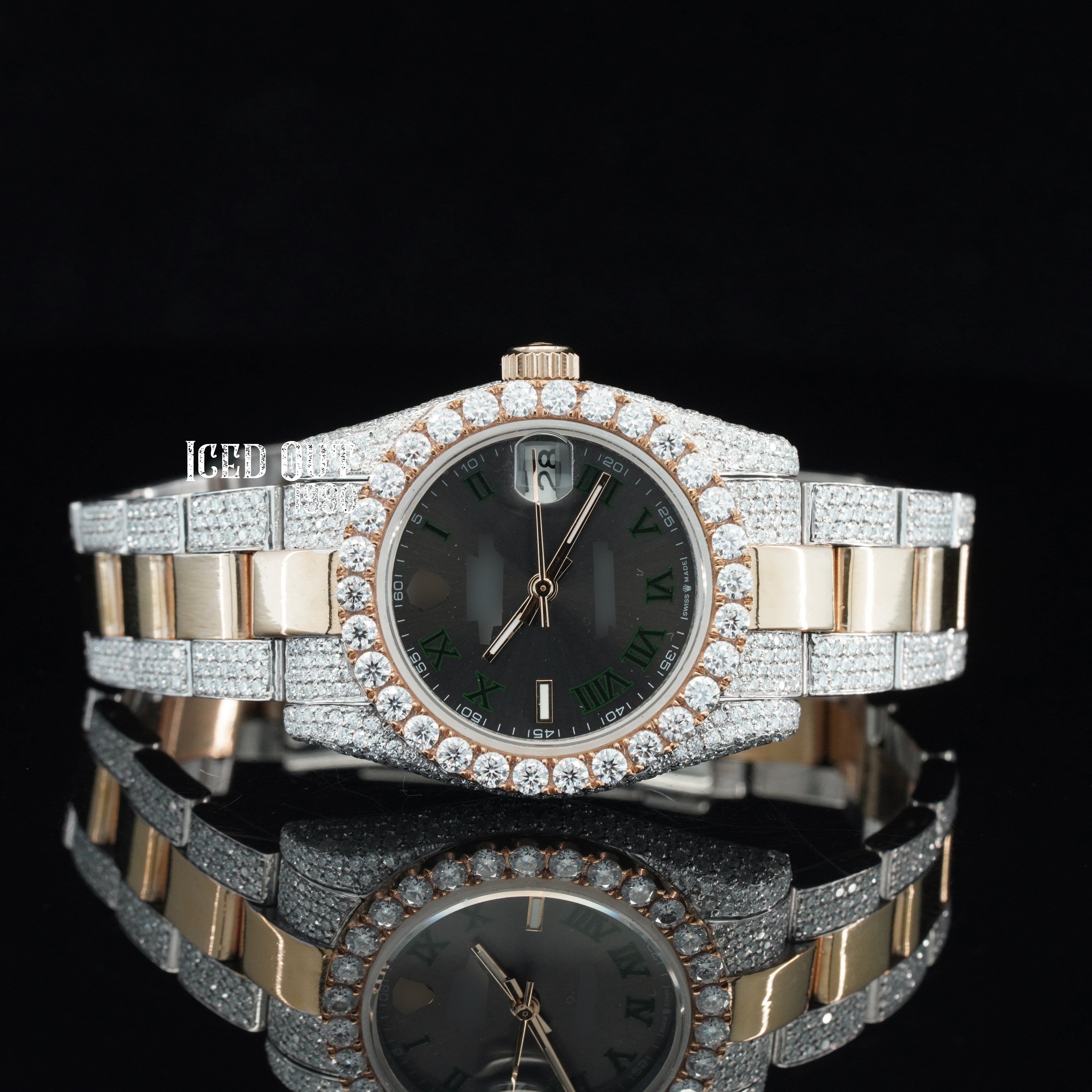 Amazing Quality Black Color Dial Moissanite Diamond Iced Out Automatic Two Tone Watch For Women