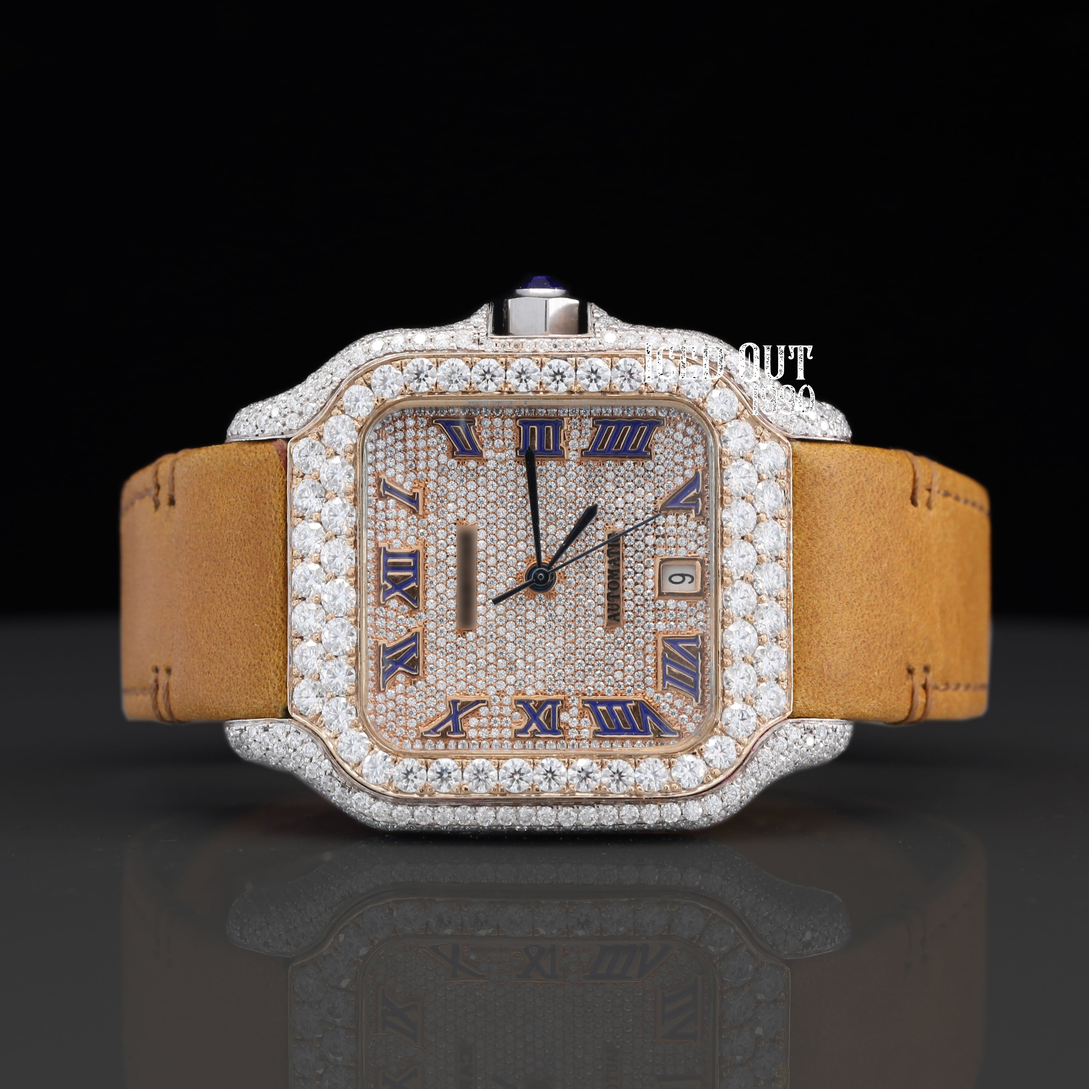 Aesthetic Brown Color Leather Belt Iced Out Moissanite Diamond Watch For Men