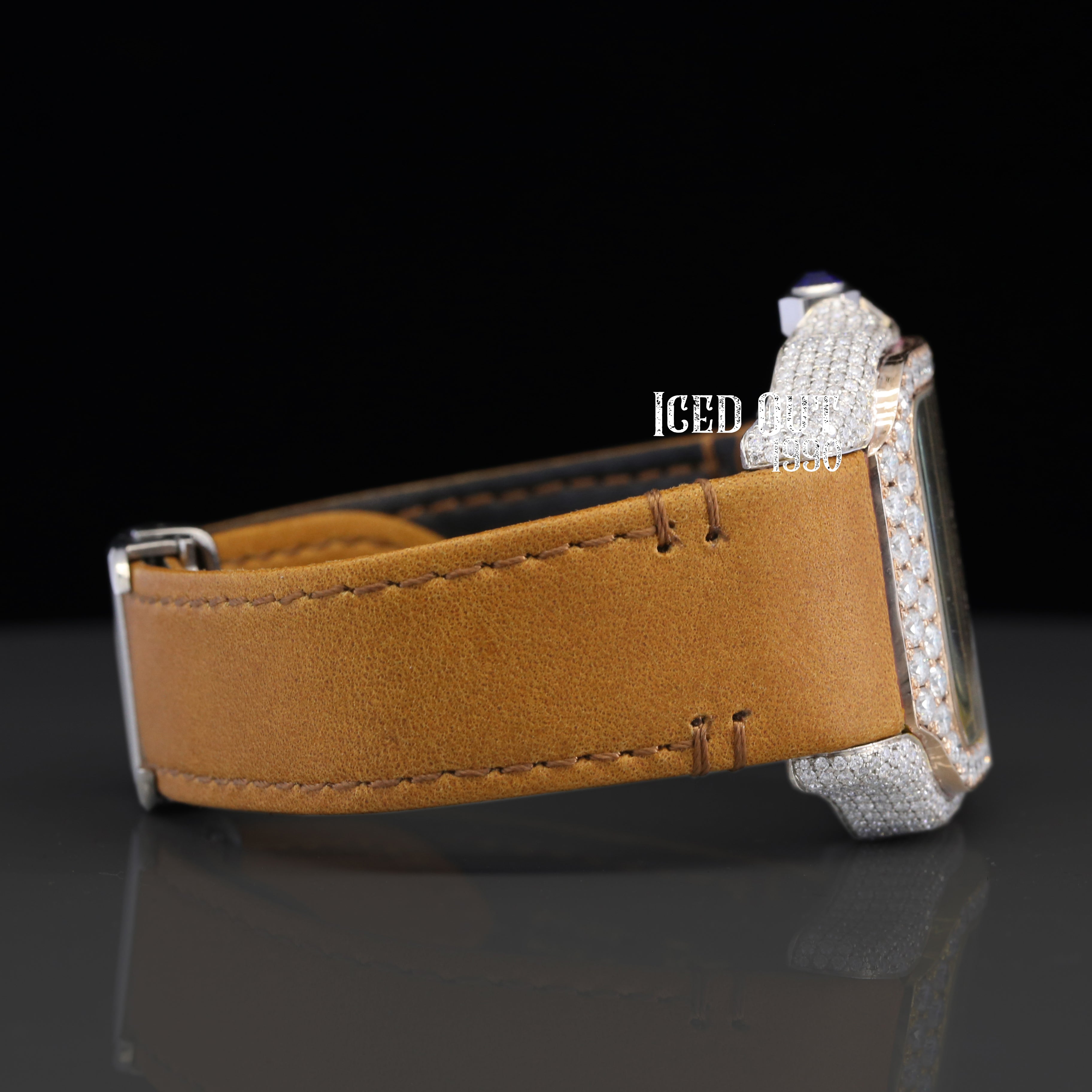 Aesthetic Brown Color Leather Belt Iced Out Moissanite Diamond Watch For Men