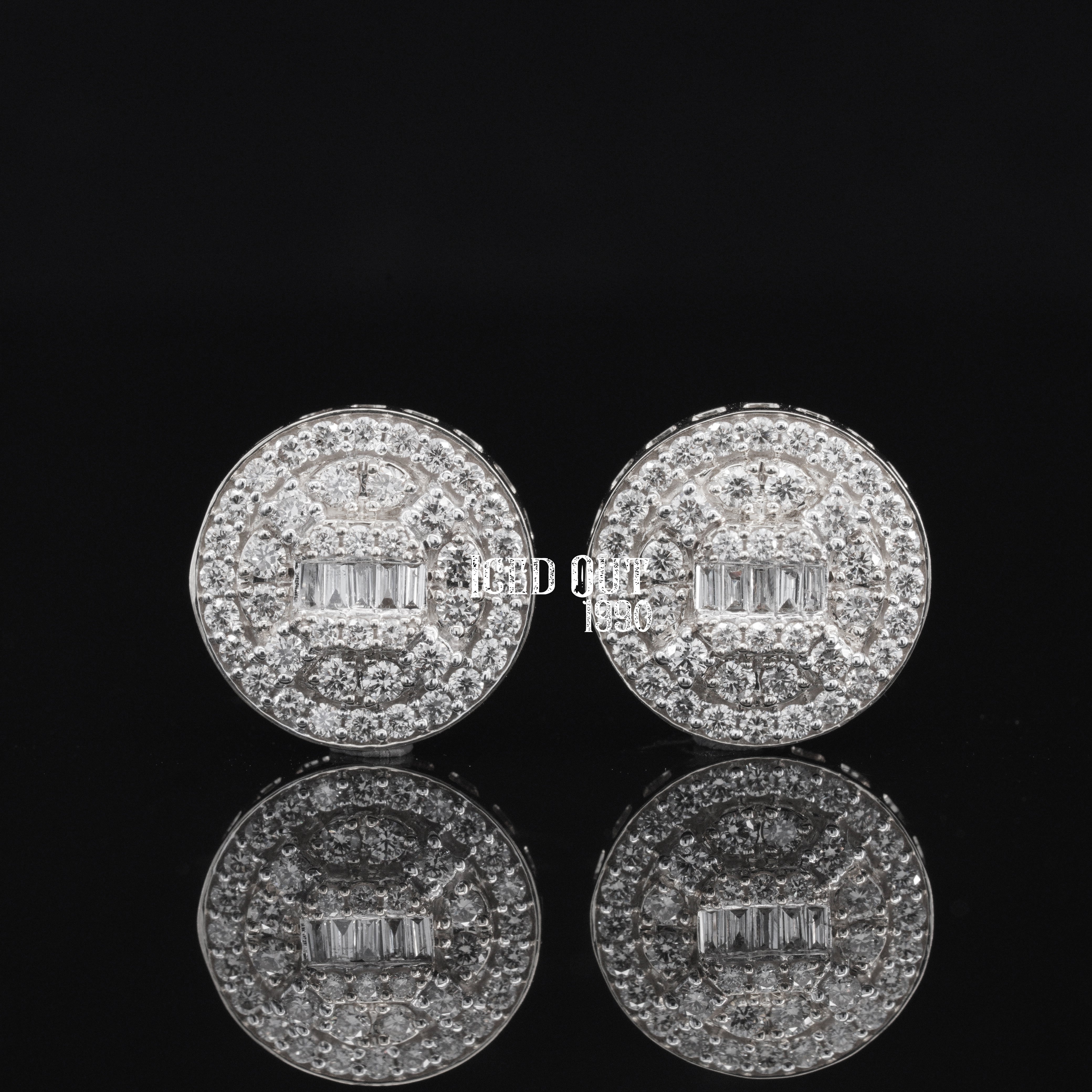 1.6 Carat Round & Baguette Cut Moissanite Hip Hop Style Two Tone Stud Unisex Earring