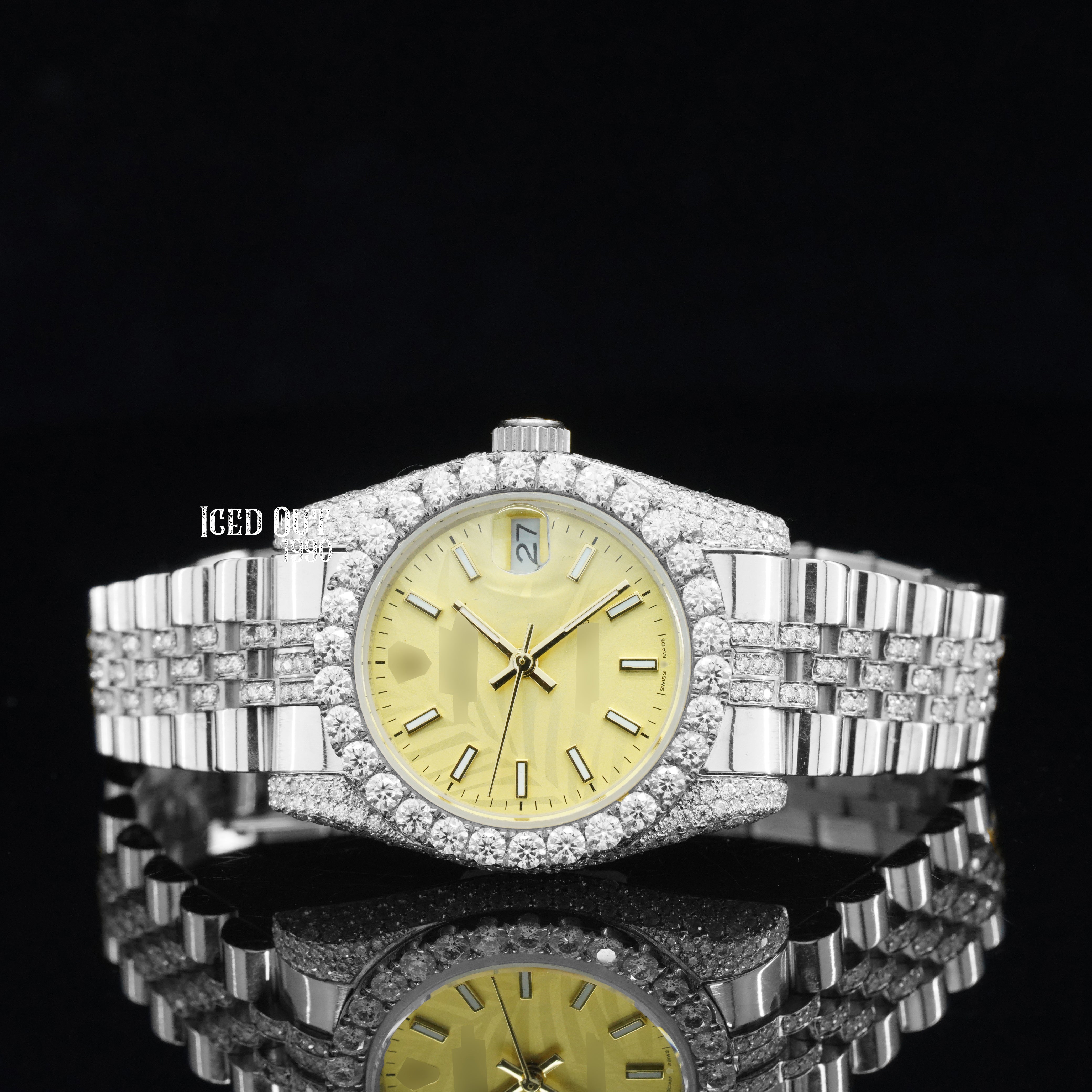 Elegant Royal Look Moissanite Diamond Totally Iced Out Automatic Two Tone Watch For Women