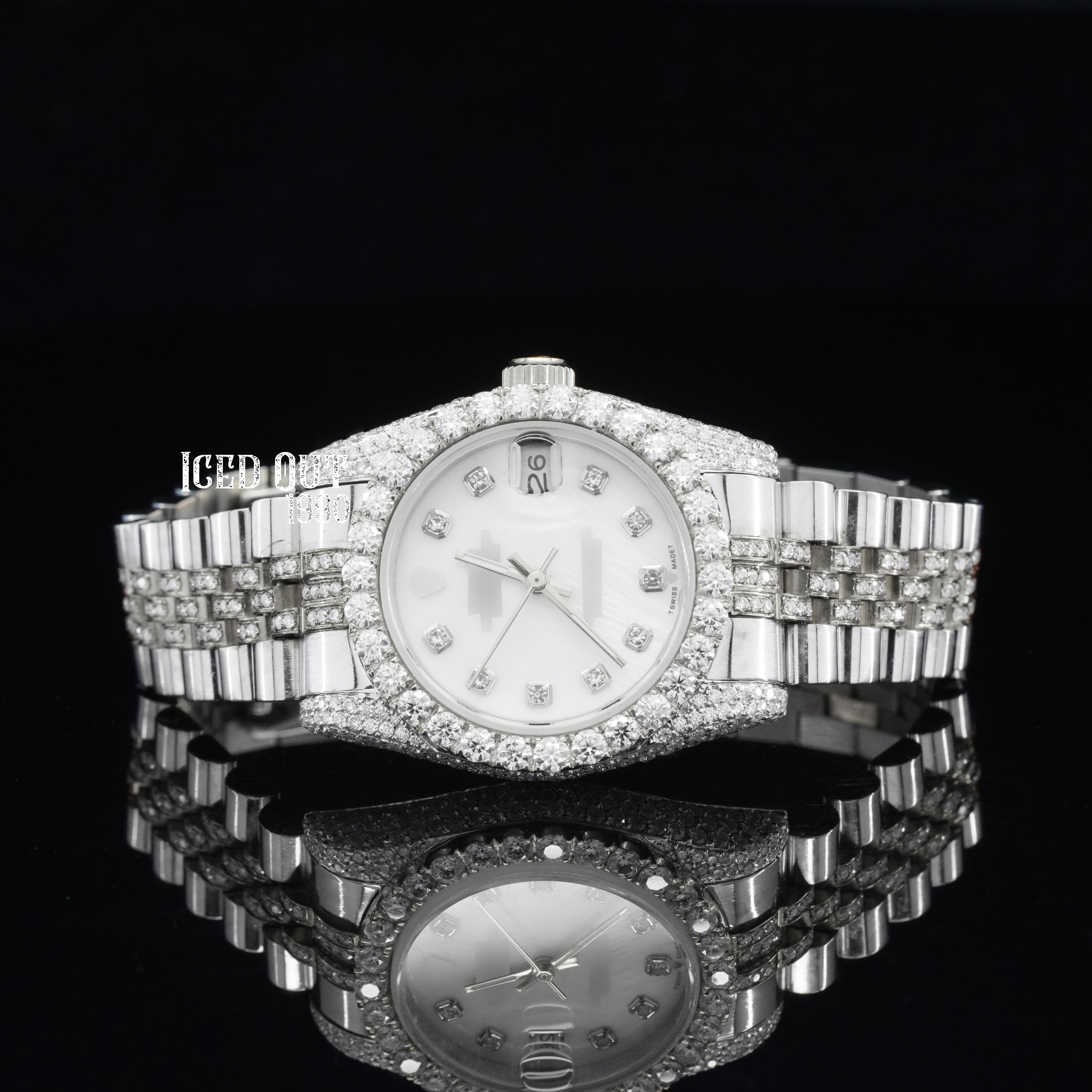 Amazing Look White Color Dial Moissanite Diamond Iced Out Automatic Two Tone Watch For Women