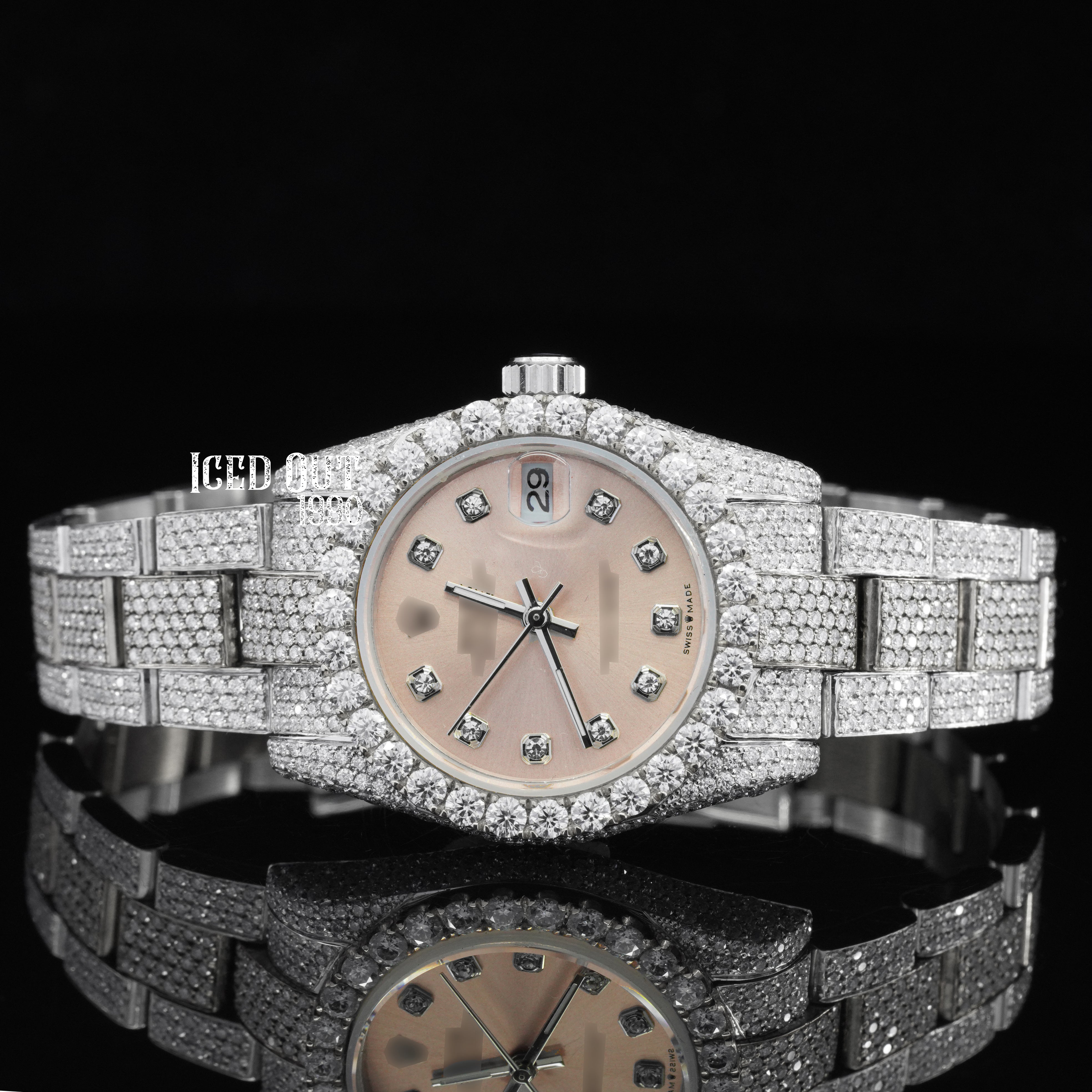 Luxurious Look Beige Color Dial Moissanite Diamond Iced Out Automatic Two Tone Watch For Women