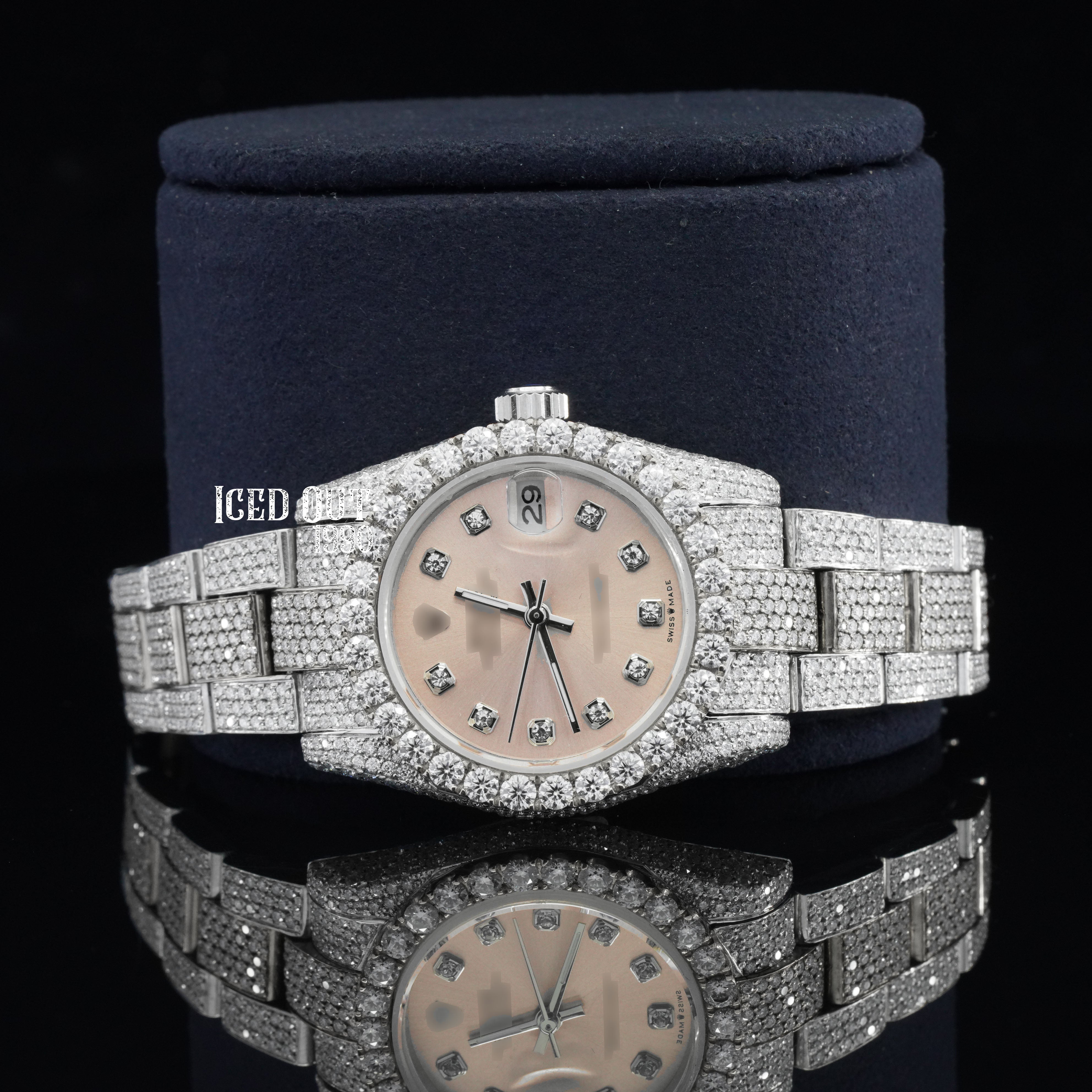 Luxurious Look Beige Color Dial Moissanite Diamond Iced Out Automatic Two Tone Watch For Women