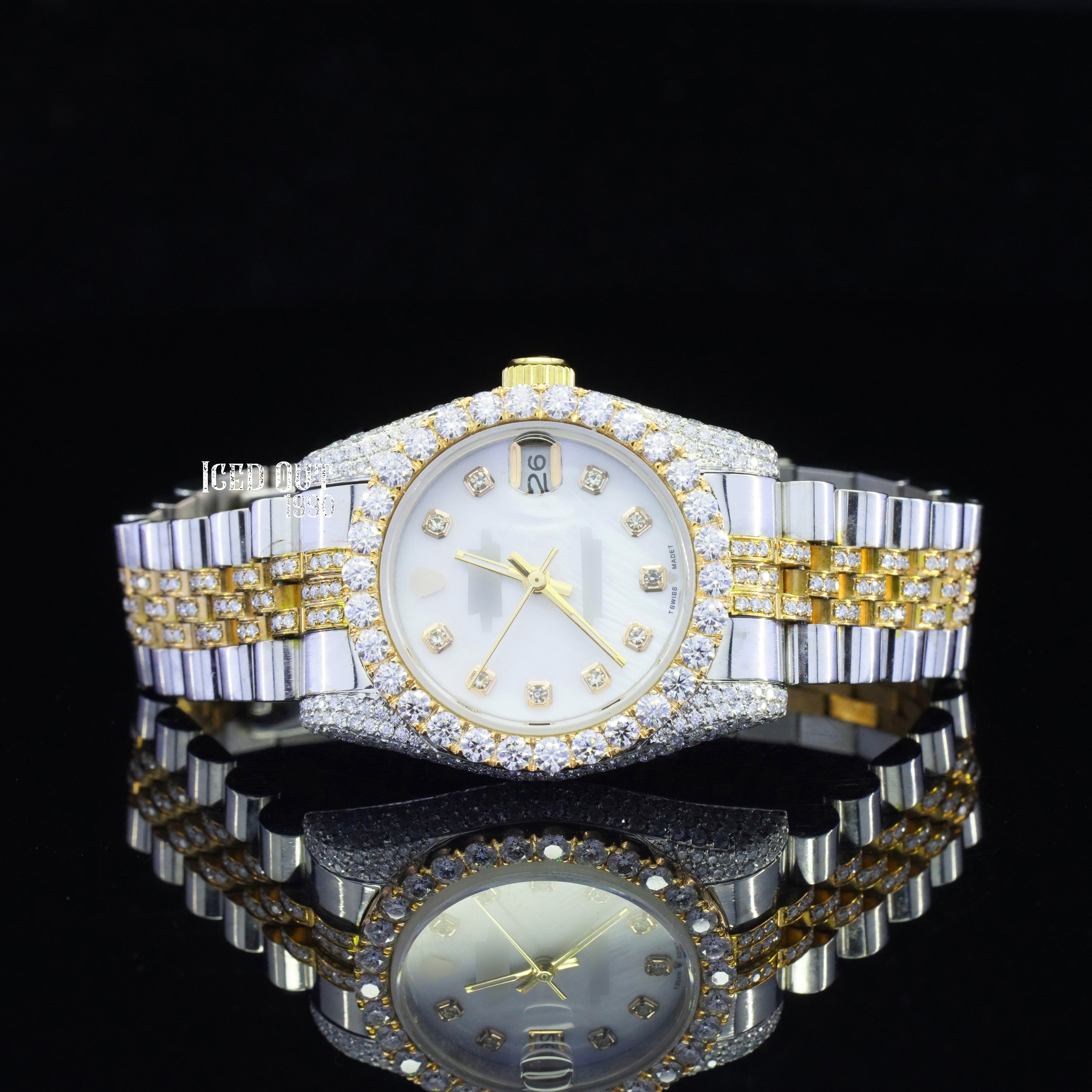 Amazing Look White Color Dial Moissanite Diamond Iced Out Automatic Two Tone Watch For Women