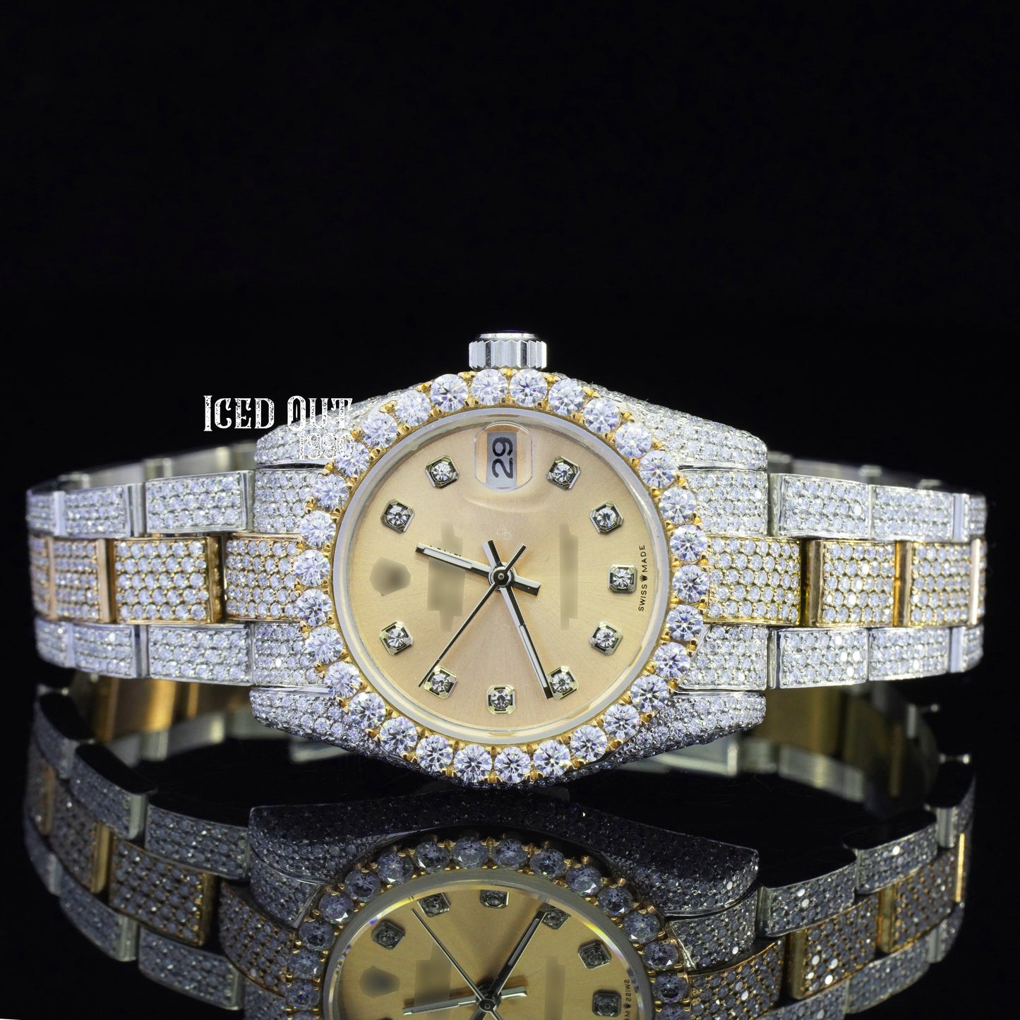 Luxurious Look Beige Color Dial Moissanite Diamond Iced Out Automatic Two Tone Watch For Women